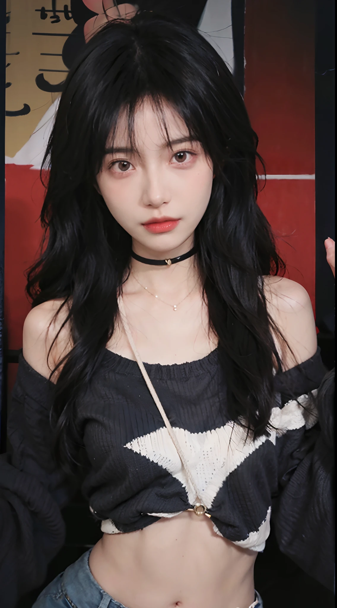 best qualtiy， 超高分辨率， （realisticlying：1.4），cute hairpin，1girll，Red long-haired,Cropped black sweater ，Beautiful woman with a slim figure:1.4, Pronounced abs:1.4, On the island,Ultra-fine face，Elaborate Eyes，二重まぶた，choker necklace