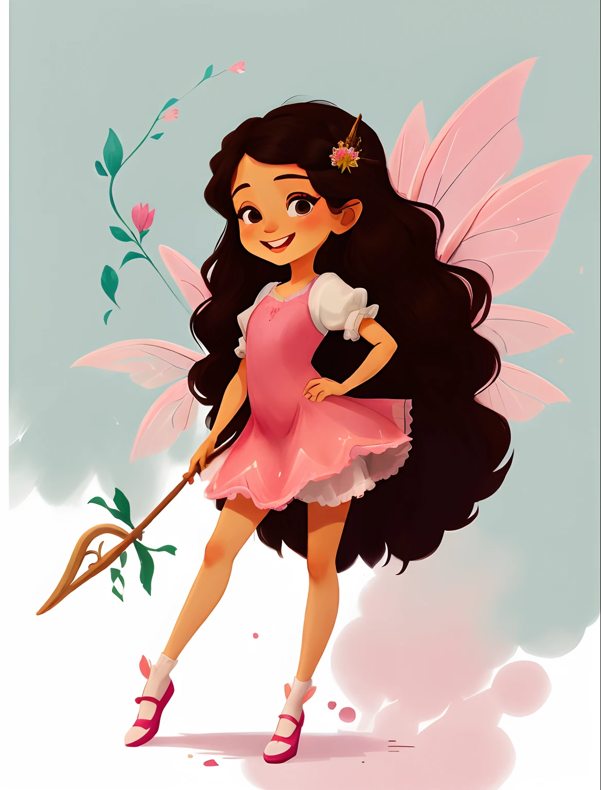 Fada dos desenhos animados cartoon com cabelo castanho longo e vestido rosa com branco, Andando corpo inteiro, full-body drawing showing feet, usando sapatilha rosa delicada,  multiples poses and expressions, com as maos em ultra qualidade e lindas, Symmetrical fairy wings, fada bonita, sorrindo como uma rainha de fadas, menina fada morena, Retrato da princesa da fada, Retrato de uma fada, princesa fada, bela arte digital, Retrato da fada, space flower fairy, painting digital adorable, arte digital detalhada bonito fundo branco simples, fada bonita, Driving style: Marie Angel estilo desenho animado aquarelado, arte estilo aquarela 2D com fundo branco simples