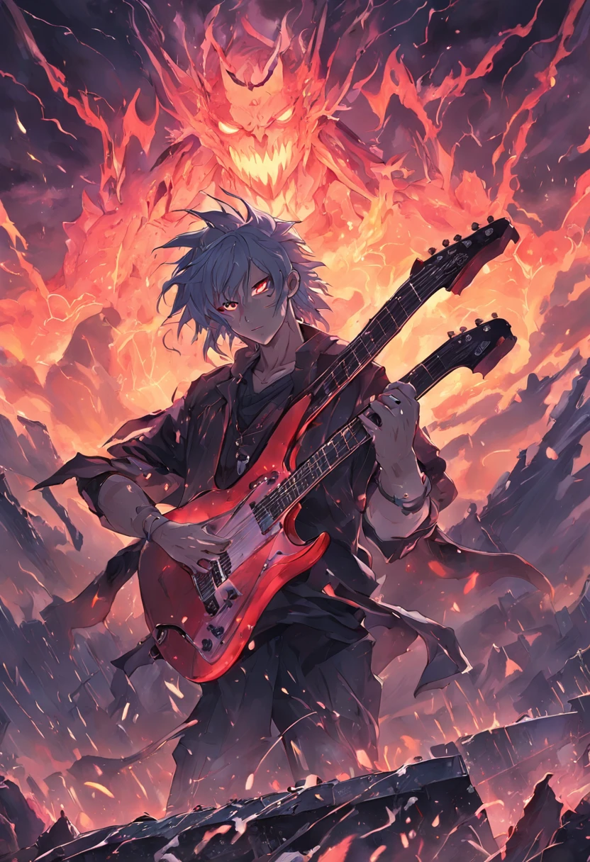 Heavy metal album cover with demons playing guitar in front, Ruins and storm in the background
