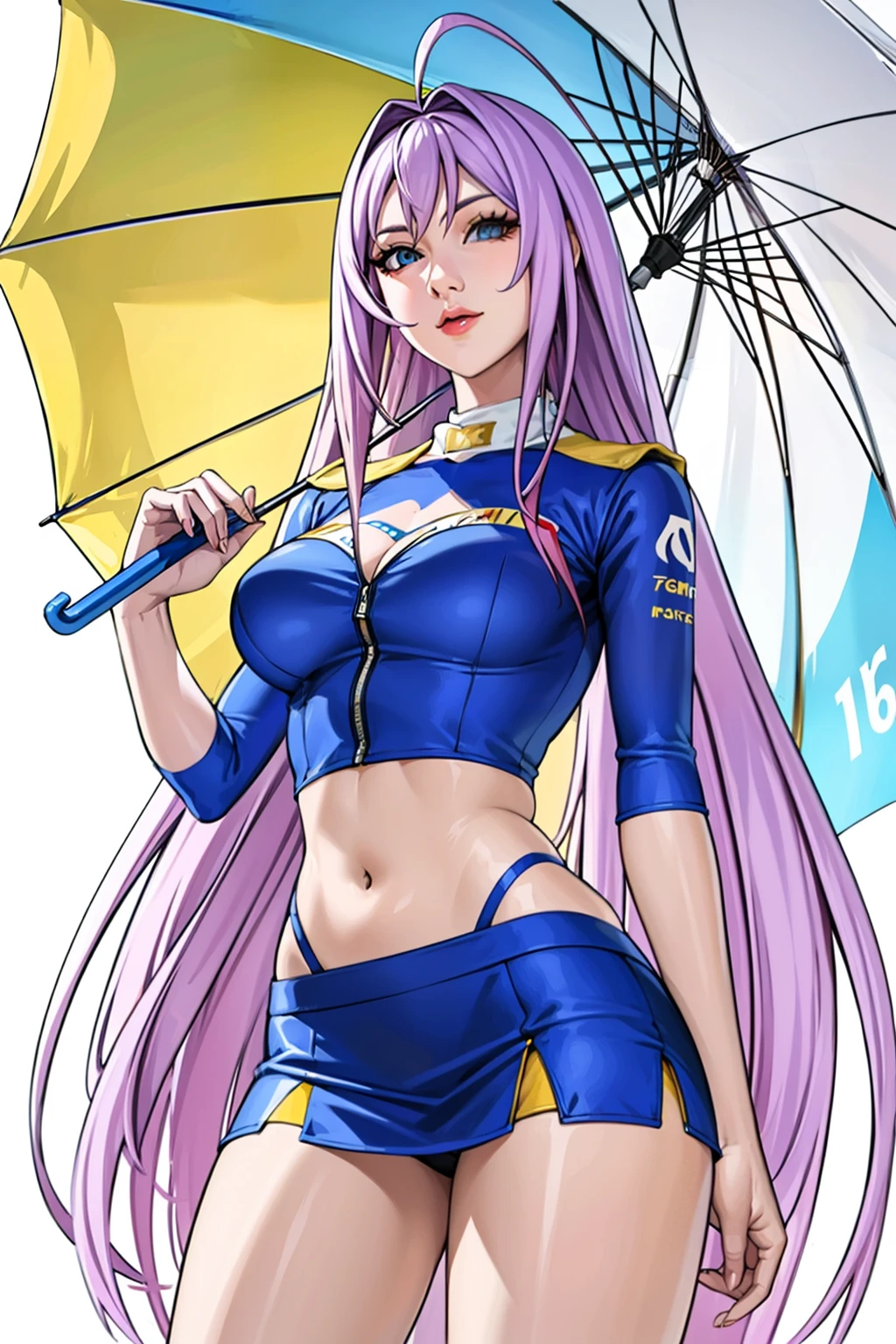 ((Formula One)), race track, miniskirt, crop top,background, perfect eyes:1.2, detailed eyes:1.4, very long hair, ahoge, cowboy shot, umbrellaLORA, holding umbrella, Maya-Natsume-KJ, race_queen, clothing cutout, looking at viewer, Ultra-realistic 8K CG, masterpiece, ((ultra-detailed background, delicate pattern, intricate details)), best quality, intricate details, 1girl, solo, (masterpiece:1.6, best quality),