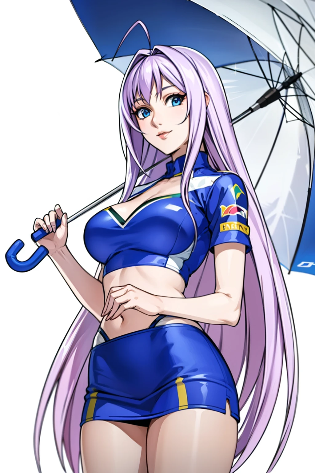 ((Formula One)), race track, miniskirt, crop top,background, perfect eyes:1.2, detailed eyes:1.4, very long hair, ahoge, cowboy shot, umbrellaLORA, holding umbrella, Maya-Natsume-KJ, race_queen, clothing cutout, looking at viewer, Ultra-realistic 8K CG, masterpiece, ((ultra-detailed background, delicate pattern, intricate details)), best quality, intricate details, 1girl, solo, (masterpiece:1.6, best quality),