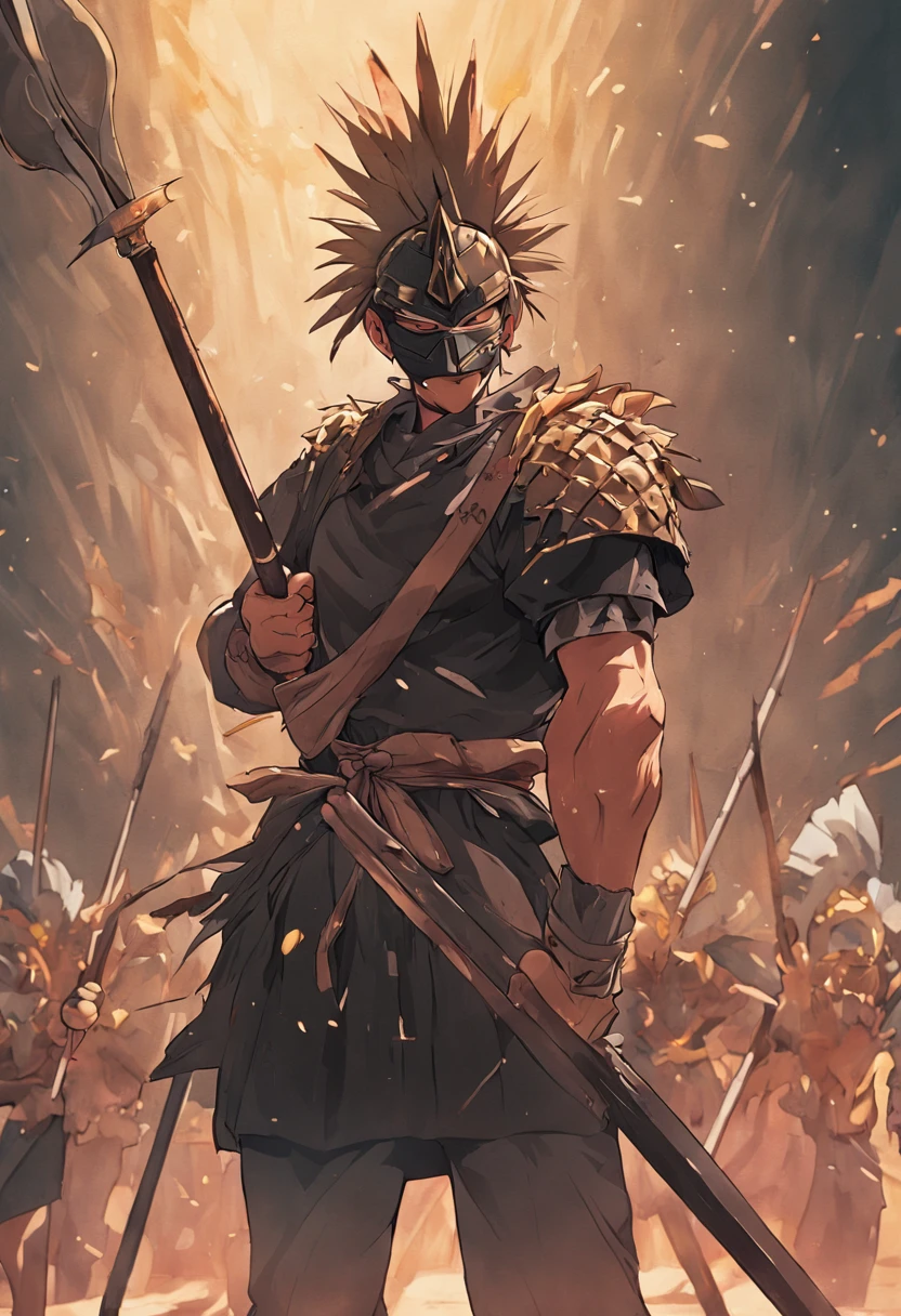 A man in a pineapple mask and black shirt using a long spear of the Roman army. The person will not be at war, will just be featured striking a pose for the photo. The spear has to be featured and should be a funny image