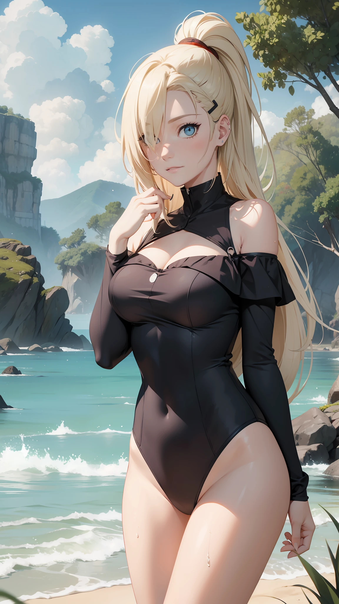 "the Extremely Detailed CG Unity 8K Wallpapers,tmasterpiece,Best picture quality,【😊Colored Forest,depth of fields,Lots of splashing droplets:1.2,petals,Toys surround,ventania,Foliage,grassy fields,volumettic light】blond hairbl,Be red in the face,ssmile,Half of your body is in water,naruto,Ino,Off-the-shoulder attire,bangs cover one eye,fat,looks into camera,sea beach,swim wears,clouds,sandbeach,
