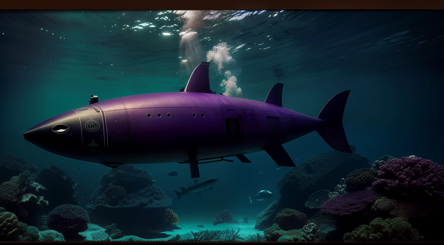 cinematic scene, sharpness, Underwater submarine of dark purple color, steampunc