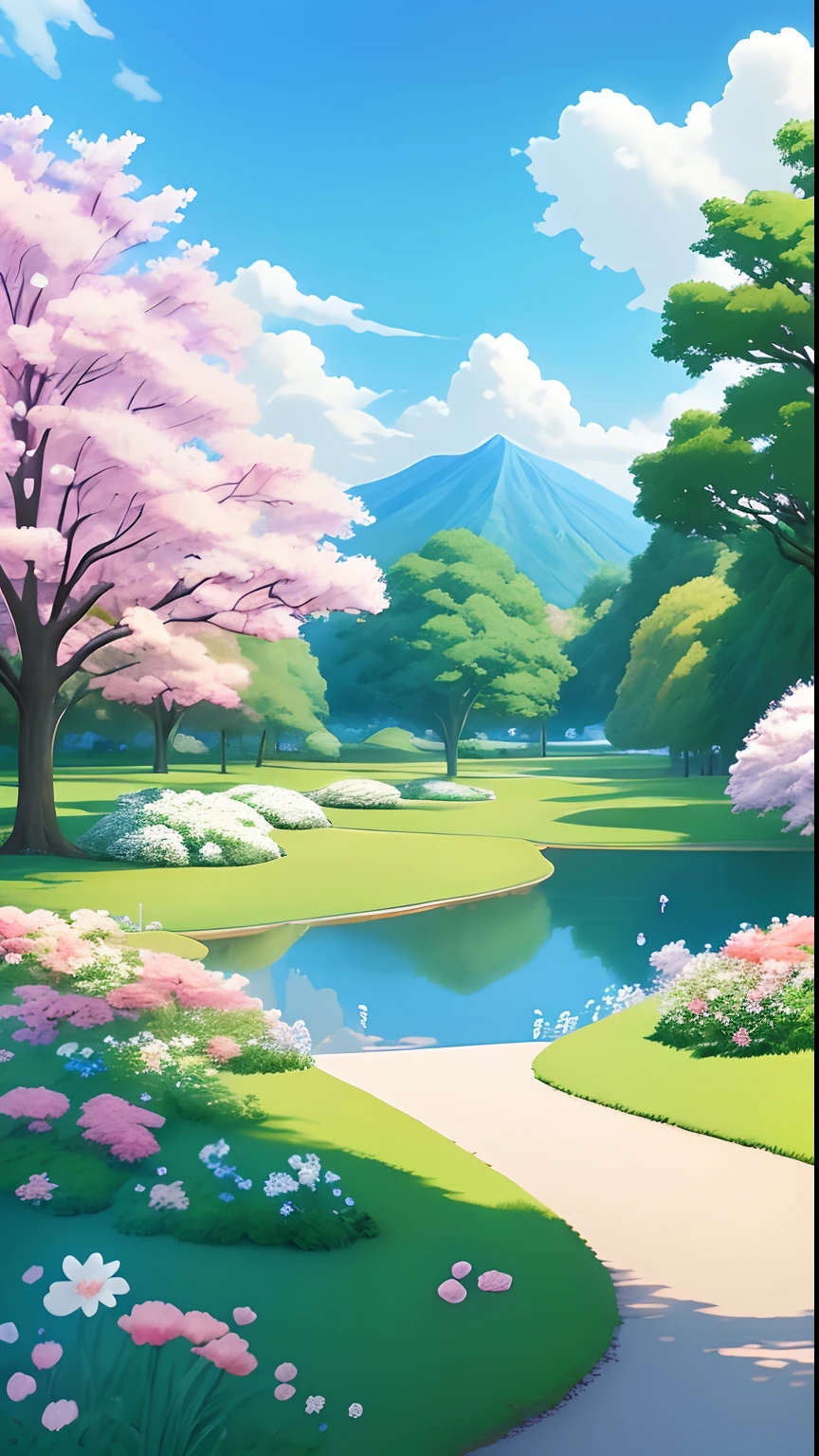 Realistic and beautiful park landscape painting、Atmosphere like Studio Ghibli and Hayao Miyazaki works、Generates images that will enchant you with fluttering petals and meadows with blue sky and white clouds。