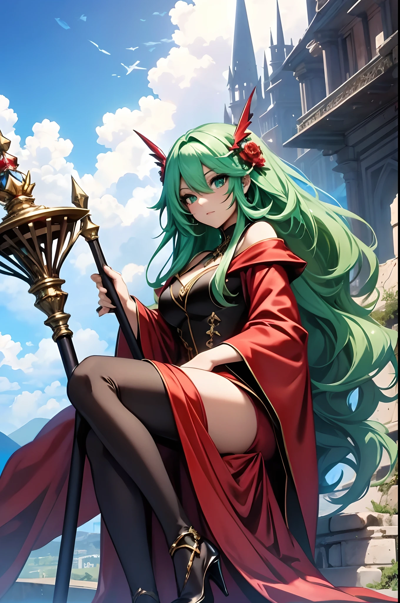 best qualityer,tmasterpiece,Ultimate resolution,downy,Extremely colorful,Colorful,Skysky,hilltop,Red magic robe long dress,Long flowing green hair,The Witch,a matural female,red high heel pumps,Sit on a magical broom,flight,Normal posture