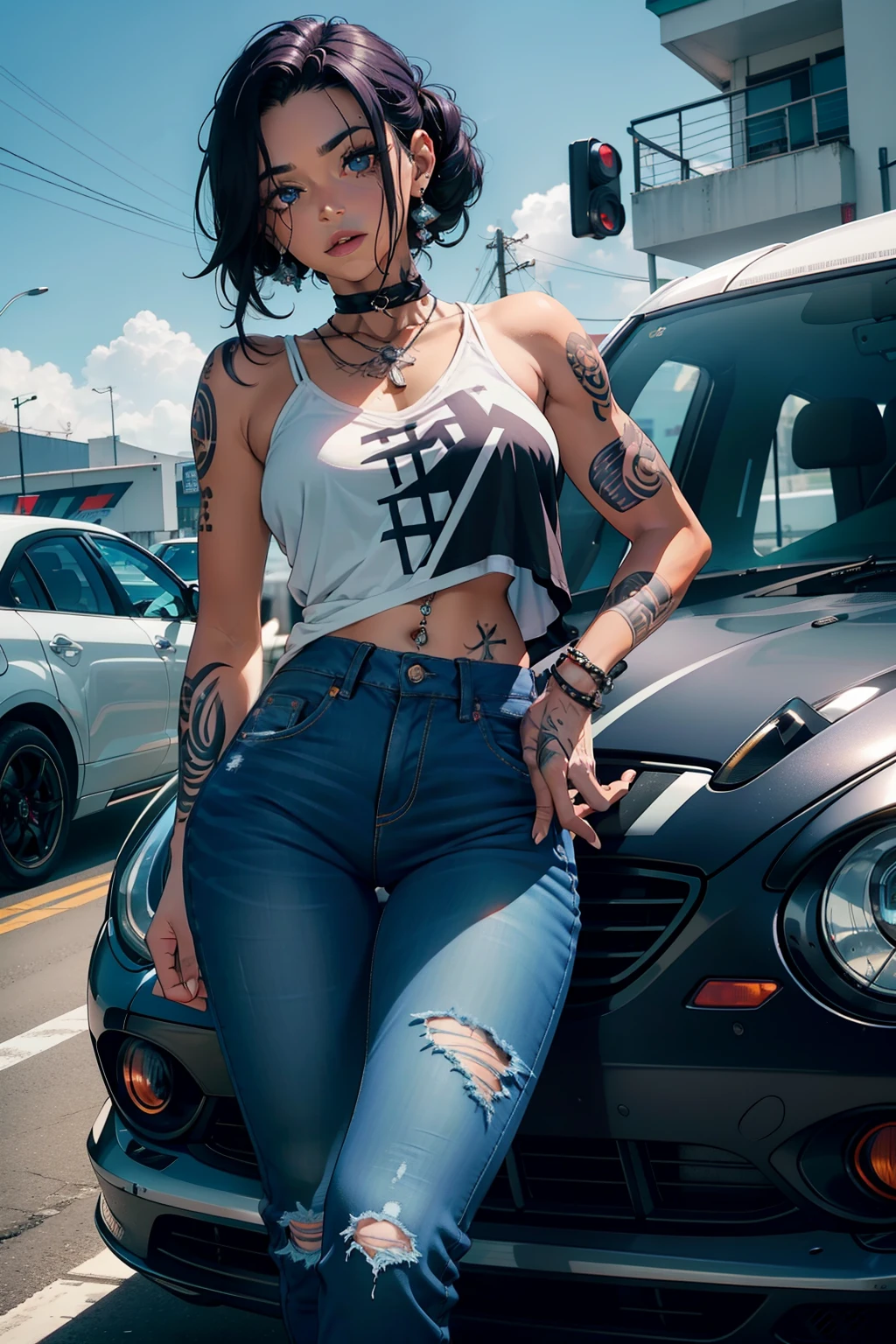 Rapariga, rede hair, Tattoed arm, tatuagem preta, olhos vermelhos, pale skin, Tampo vermelho, jeans pants, expresso feliz, face sesual, sentado em cima de um carro roxo, filtro amarelo, Mexico City, blue skies, 4k