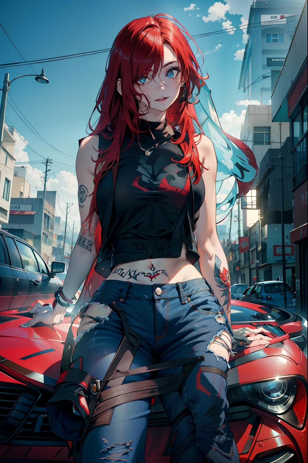garota, red hair, Tattoed arm, tatuagem preta, olhos vermelhos, pale skin, Tampo vermelho, jeans, happy expression, Cara Sexy, sentado em cima do carro roxo, filtro amarelo, Mexico City, blue skies, 4k