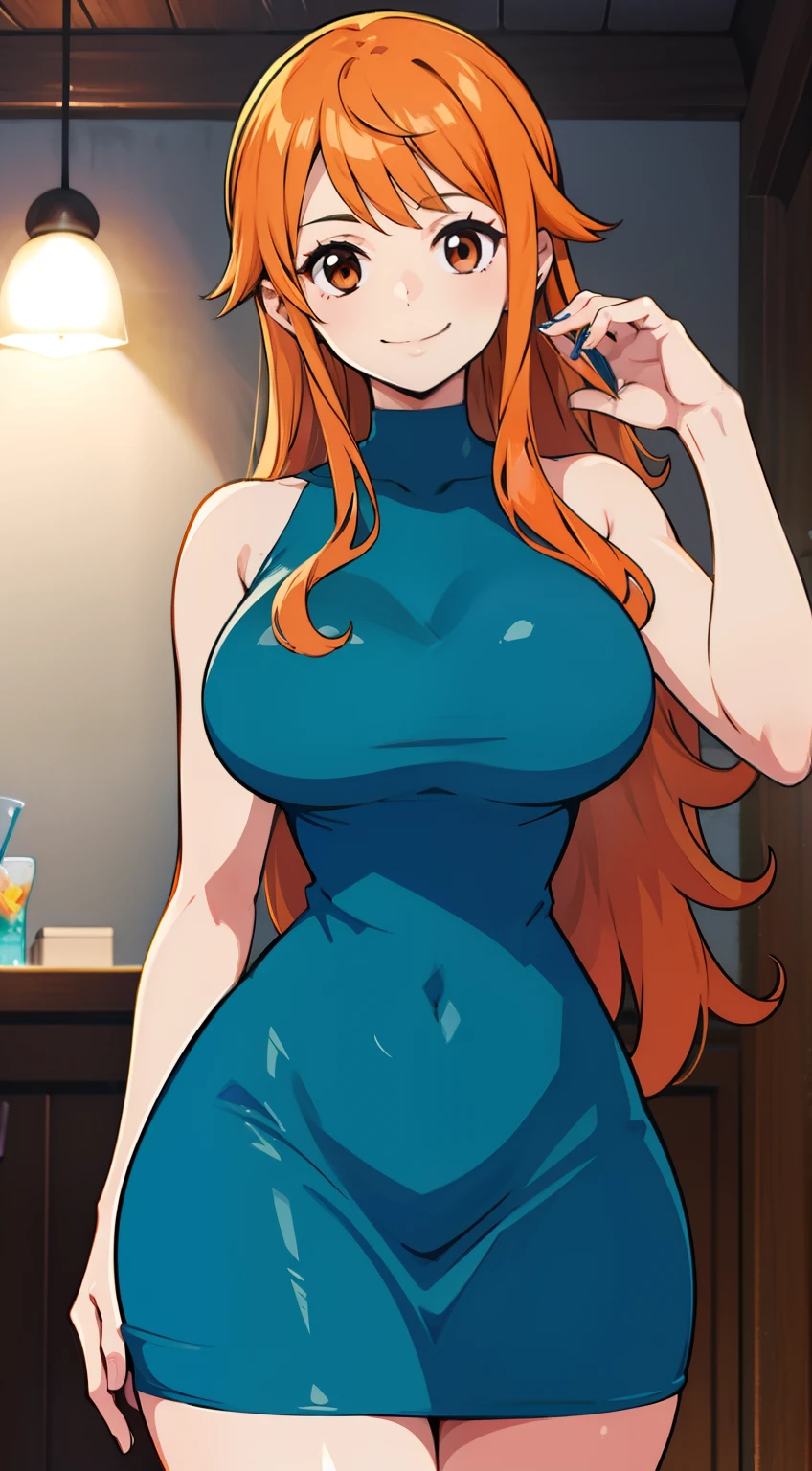 Cocktail dress, body fit see through,curvy athletic body, nami, orange long hair, brown eyes, looking at viewer, shy, smiling