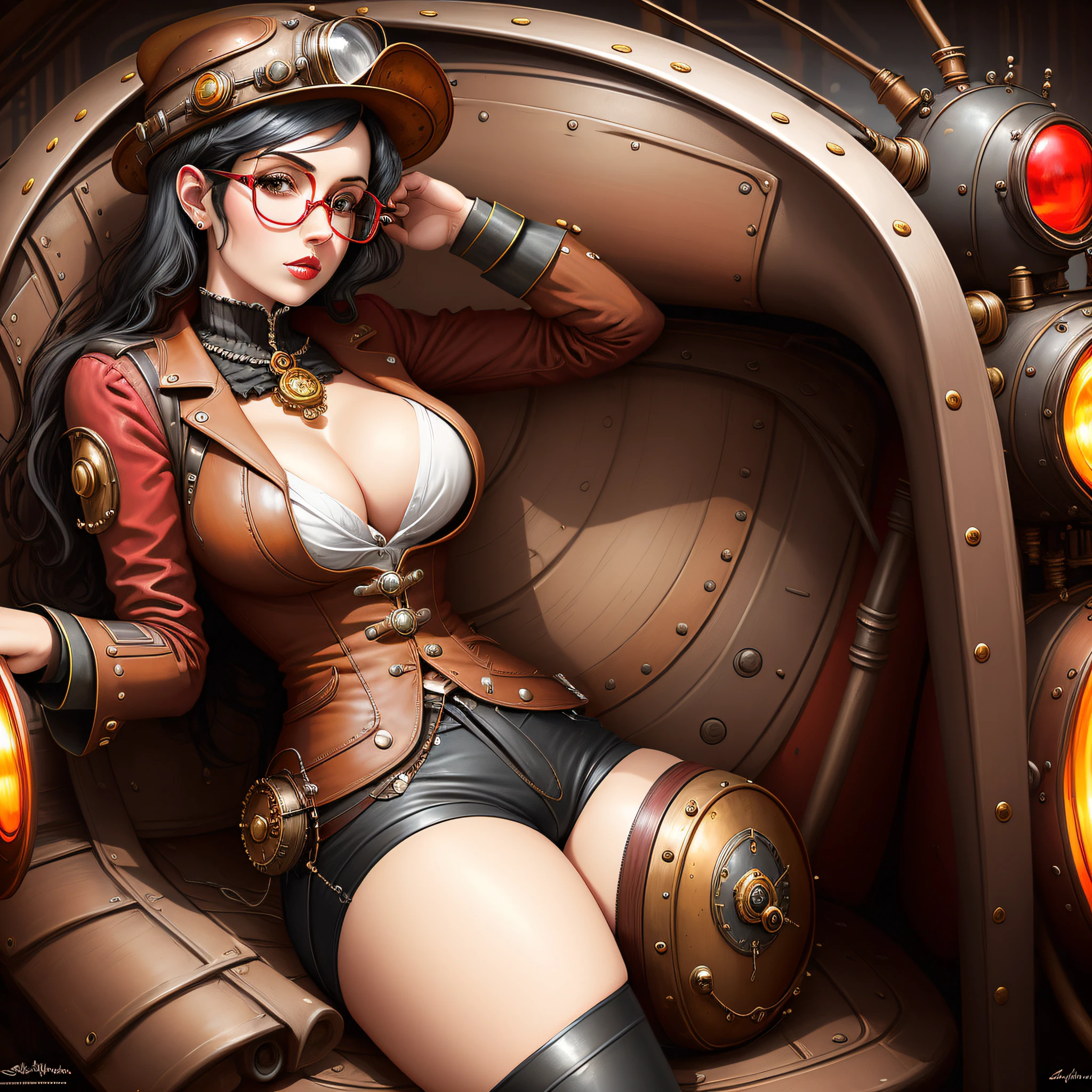 a woman sits in the steampunkai seat, helmet, black hair, red glasses, red open short pants, pin-up pose, sexy, dominant, erotic,
