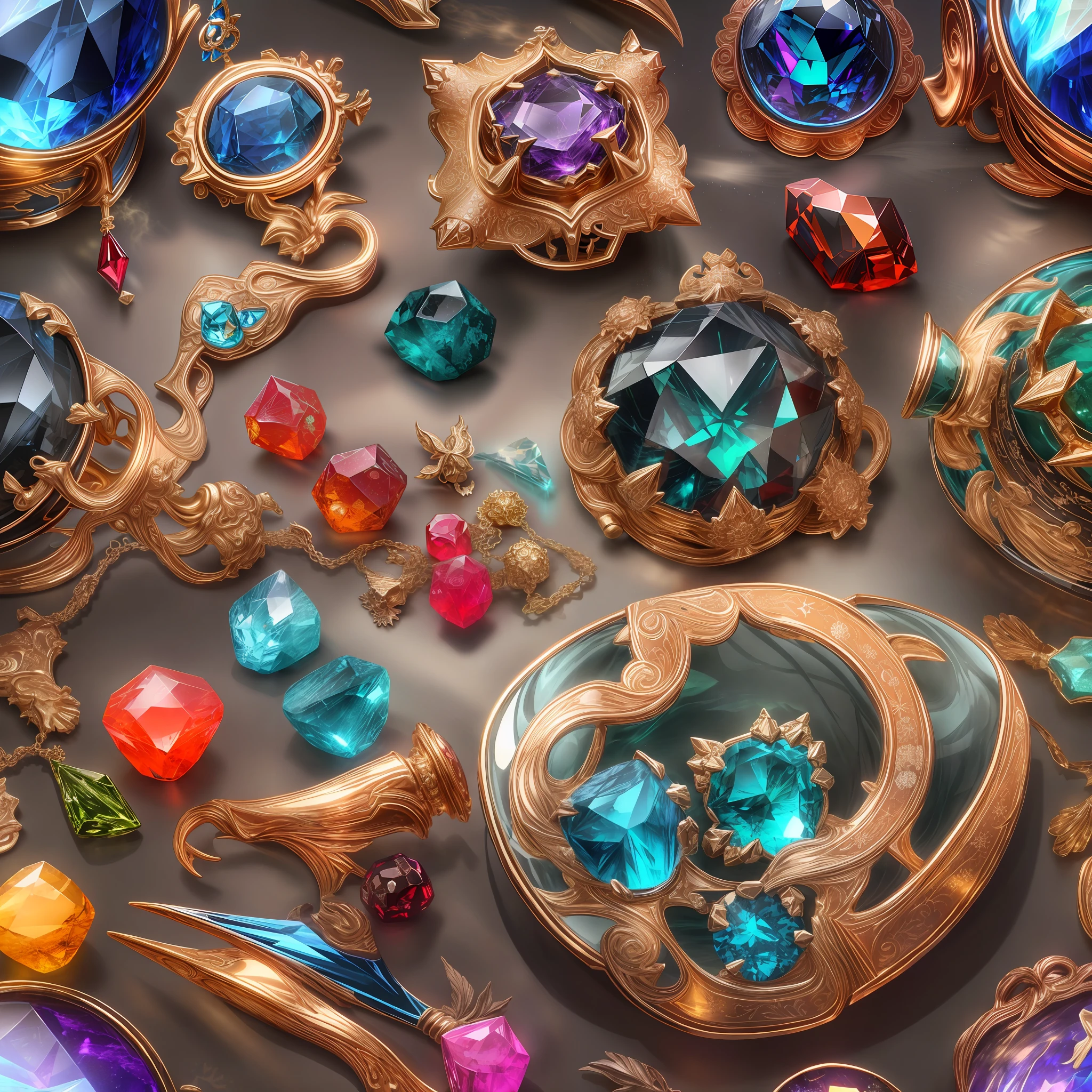 (Distorted Style: 1.2), (Full Focus: 2), (Everything in Display Cabinet: 1.3), (Magic Items | Colorful Gems | Cherry Blossoms | Printed Silk Products | Medals | Ores | Obsidian | Pearl | Emerald | White Jade | Amethyst | Sapphire | Gold Products | Silver Products | Purple Gold | Magical Jewelry | Antiques | Ruby | Orange Gem | Blue Gem | Topaz |: 2), Magic Symbols, Magic Particle Effects, High Tech Luxury, High Value Jewelry, High Value Metal, Luxury items, no puzzles, detailed and complex backgrounds, sparkling, reflective light, ultra high definition, award-winning, a high-resolution, high detail texture, contrast between light and dark, cinematic lighting, masterpieces, ray tracing, structurally correct, super details, high-quality, high detail, best quality, 16k