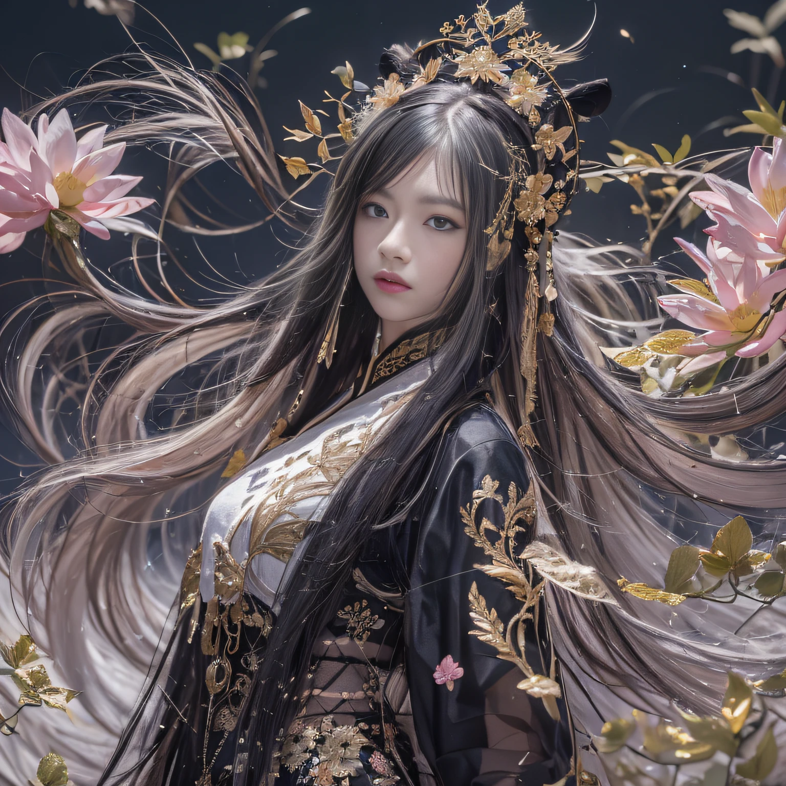 32K（tmasterpiece，k hd，hyper HD，32K）Long flowing black hair，ponds，zydink， a color，  Xuzhou people （seductiv）， （Flush female bloodshot scarf）， Combat posture， looking at the ground， long whitr hair， Floating hair， Carp pattern headdress， Chinese long-sleeved gold silk armor， （Abstract gouache splash：1.2）， Pink petal background，Pink and white lotus flowers fly（realisticlying：1.4），Black color hair，Fallen leaves flutter，The background is pure， A high resolution， the detail， RAW photogr， Sharp Re， Nikon D850 Film Stock Photo by Jefferies Lee 4 Kodak Portra 400 Camera F1.6 shots, Rich colors, ultra-realistic vivid textures, Dramatic lighting, Unreal Engine Art Station Trend, cinestir 800，Long flowing black hair，see-through transparent clothes