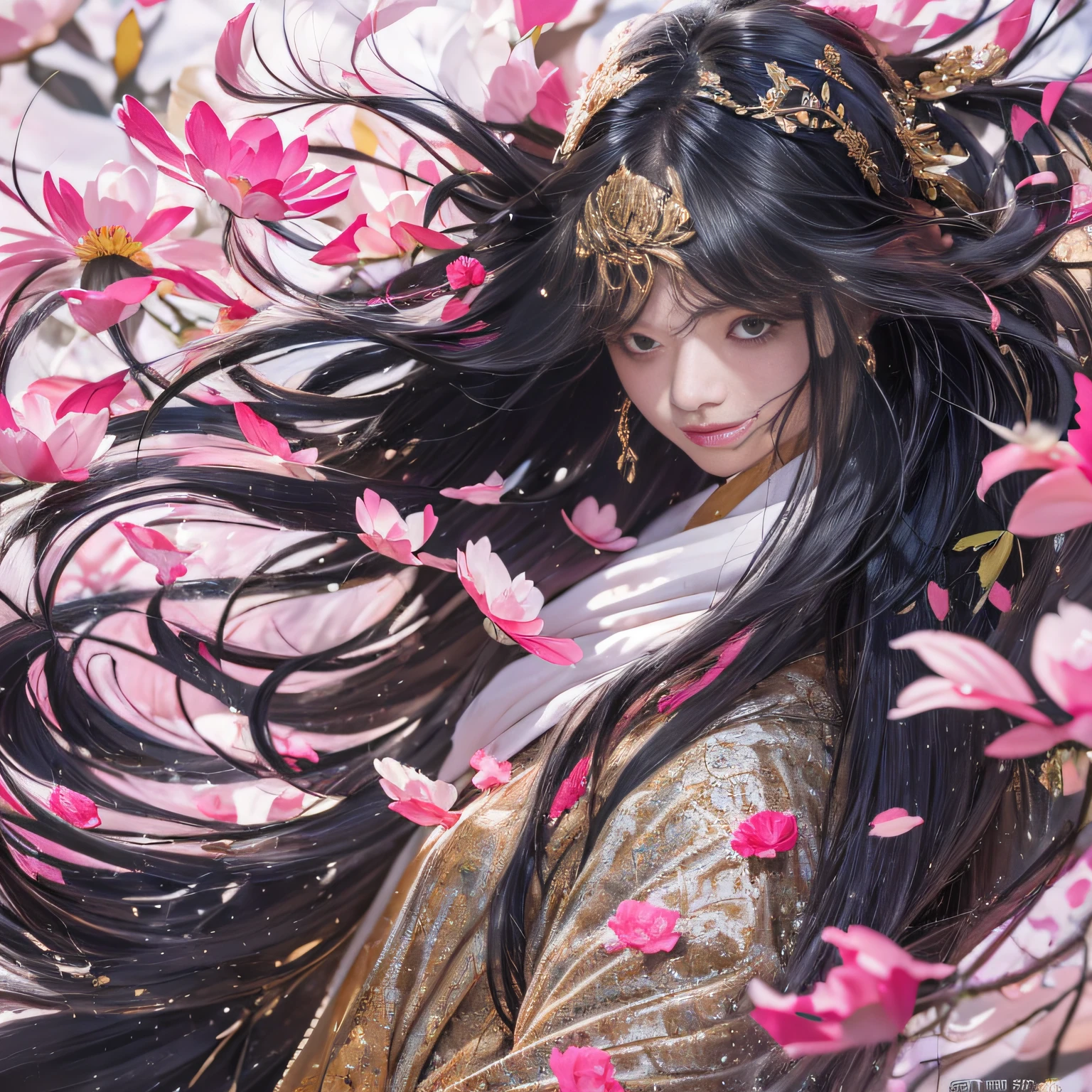 32K(tmasterpiece,k hd,hyper HD,32K)Long flowing black hair,ponds,zydink, a color, Xuzhou people (seductiv), (Flush female bloodshot scarf), Combat posture, looking at the ground, long whitr hair, Floating hair, Carp pattern headdress, Chinese long-sleeved gold silk armor, (Abstract gouache splash:1.2), Pink petal background,Pink and white lotus flowers fly(realisticlying:1.4),Black color hair,Fallen leaves flutter,The background is pure, A high resolution, the detail, RAW photogr, Sharp Re, Nikon D850 Film Stock Photo by Jefferies Lee 4 Kodak Portra 400 Camera F1.6 shots, Rich colors, ultra-realistic vivid textures, Dramatic lighting, Unreal Engine Art Station Trend, cinestir 800,Long flowing black hair,see-through transparent clothes