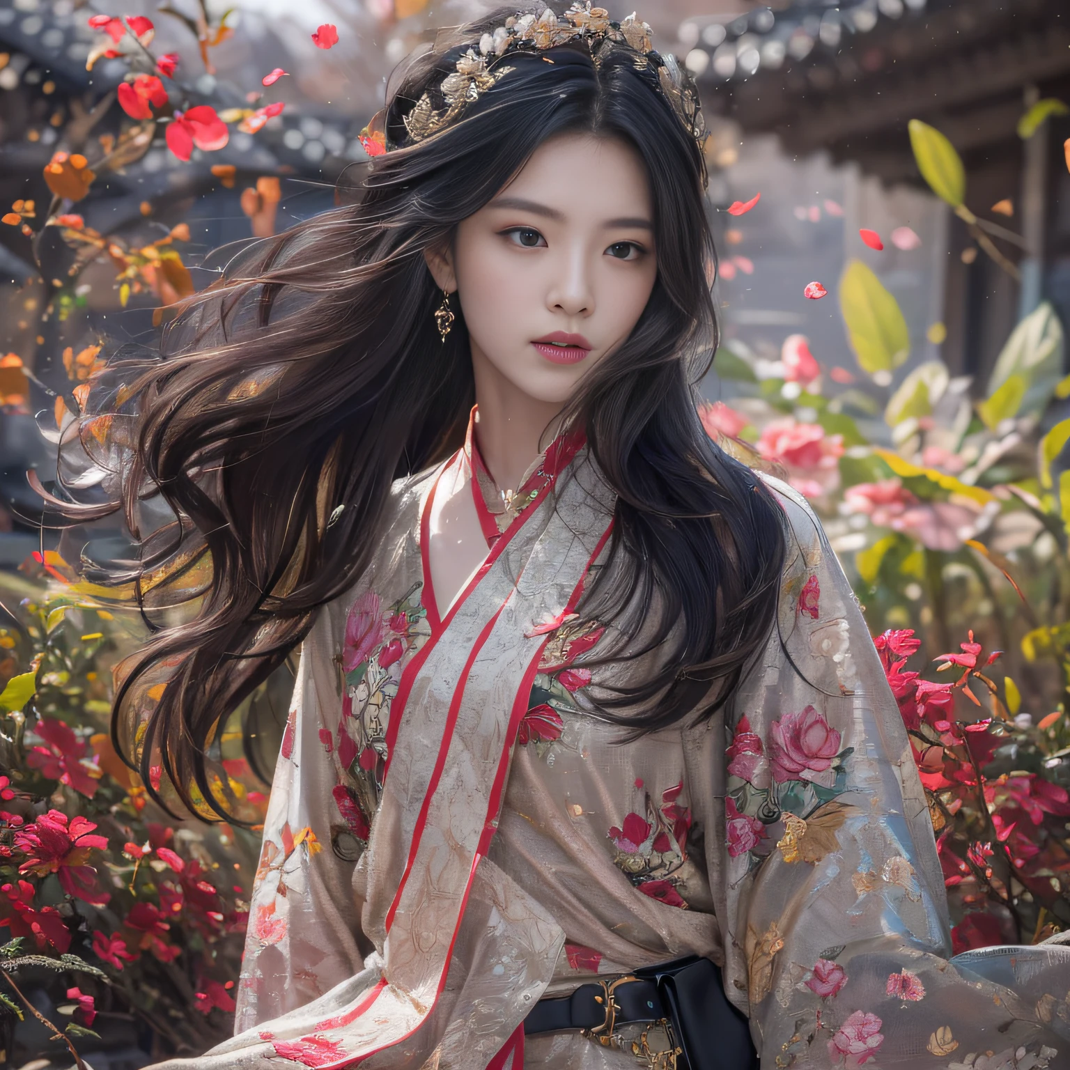 32K(tmasterpiece,k hd,hyper HD,32K)Long flowing black hair,ponds,zydink, a color, Xuzhou people (Slightly drunk girls), (Rouge scarf), Combat posture, looking at the ground, long whitr hair, Floating hair, Carp pattern headdress, Chinese long-sleeved taupe pink garment, (Abstract gouache splash:1.2), Pink petal background,Pink and white lotus flowers fly(realisticlying:1.4),Black color hair,Fallen leaves flutter,The background is pure, A high resolution, the detail, RAW photogr, Sharp Re, Nikon D850 Film Stock Photo by Jefferies Lee 4 Kodak Portra 400 Camera F1.6 shots, Rich colors, ultra-realistic vivid textures, Dramatic lighting, Unreal Engine Art Station Trend, cinestir 800,Long flowing black hair,see-through transparent clothes