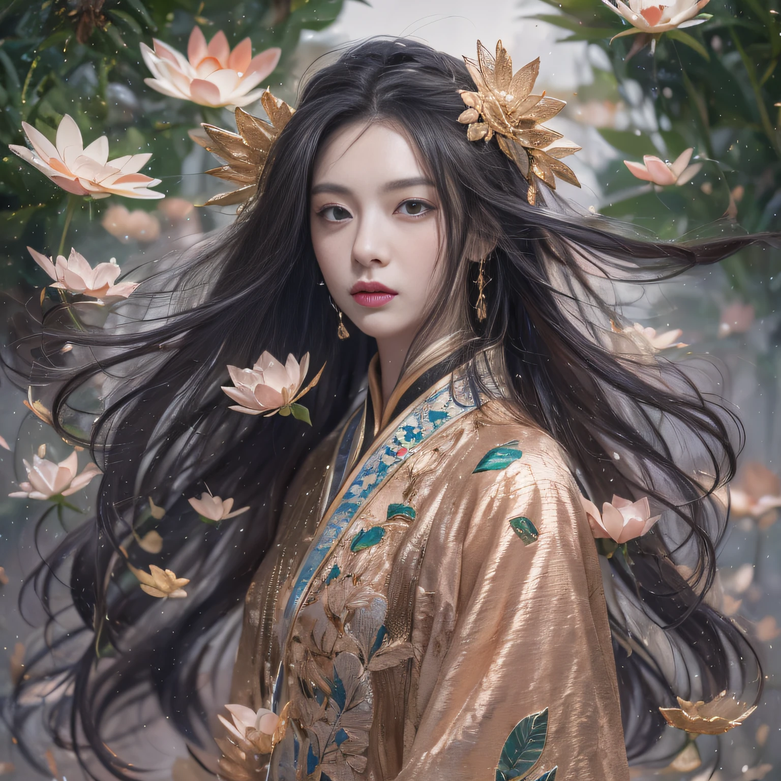 32K（tmasterpiece，k hd，hyper HD，32K）Long flowing black hair，ponds，zydink， a color，  Xuzhou people （Slightly drunk girls）， （Rouge scarf）， Combat posture， looking at the ground， long whitr hair， Floating hair， Carp pattern headdress， Chinese long-sleeved taupe pink garment， （Abstract gouache splash：1.2）， Pink petal background，Pink and white lotus flowers fly（realisticlying：1.4），Black color hair，Fallen leaves flutter，The background is pure， A high resolution， the detail， RAW photogr， Sharp Re， Nikon D850 Film Stock Photo by Jefferies Lee 4 Kodak Portra 400 Camera F1.6 shots, Rich colors, ultra-realistic vivid textures, Dramatic lighting, Unreal Engine Art Station Trend, cinestir 800，Long flowing black hair，see-through transparent clothes