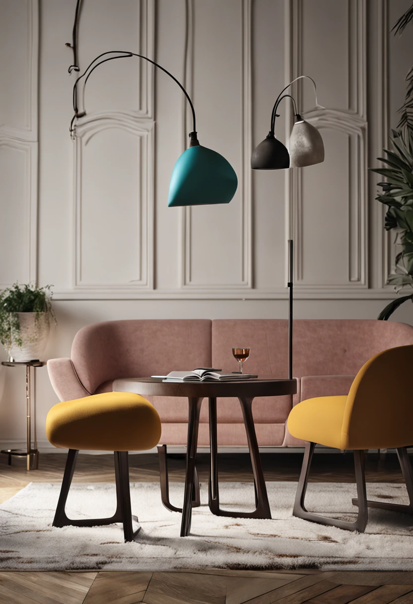 Artistic furniture,white wall,Curved stools,Black hanging light