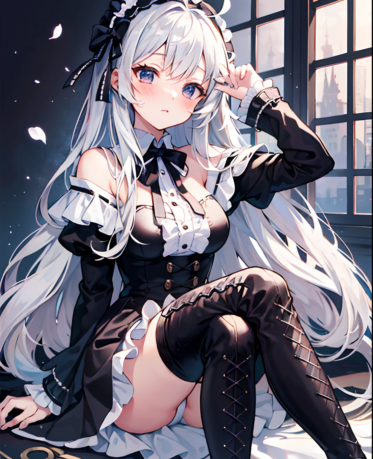 tmasterpiece， Best quality at best， ahoge， Hair over the shoulder， long  white hair，  blush of nose，  Gothic_ta，thigh boots，Absolute realm，upper legs，thigh boots，full bodyesbian，Correct legs，Normal body