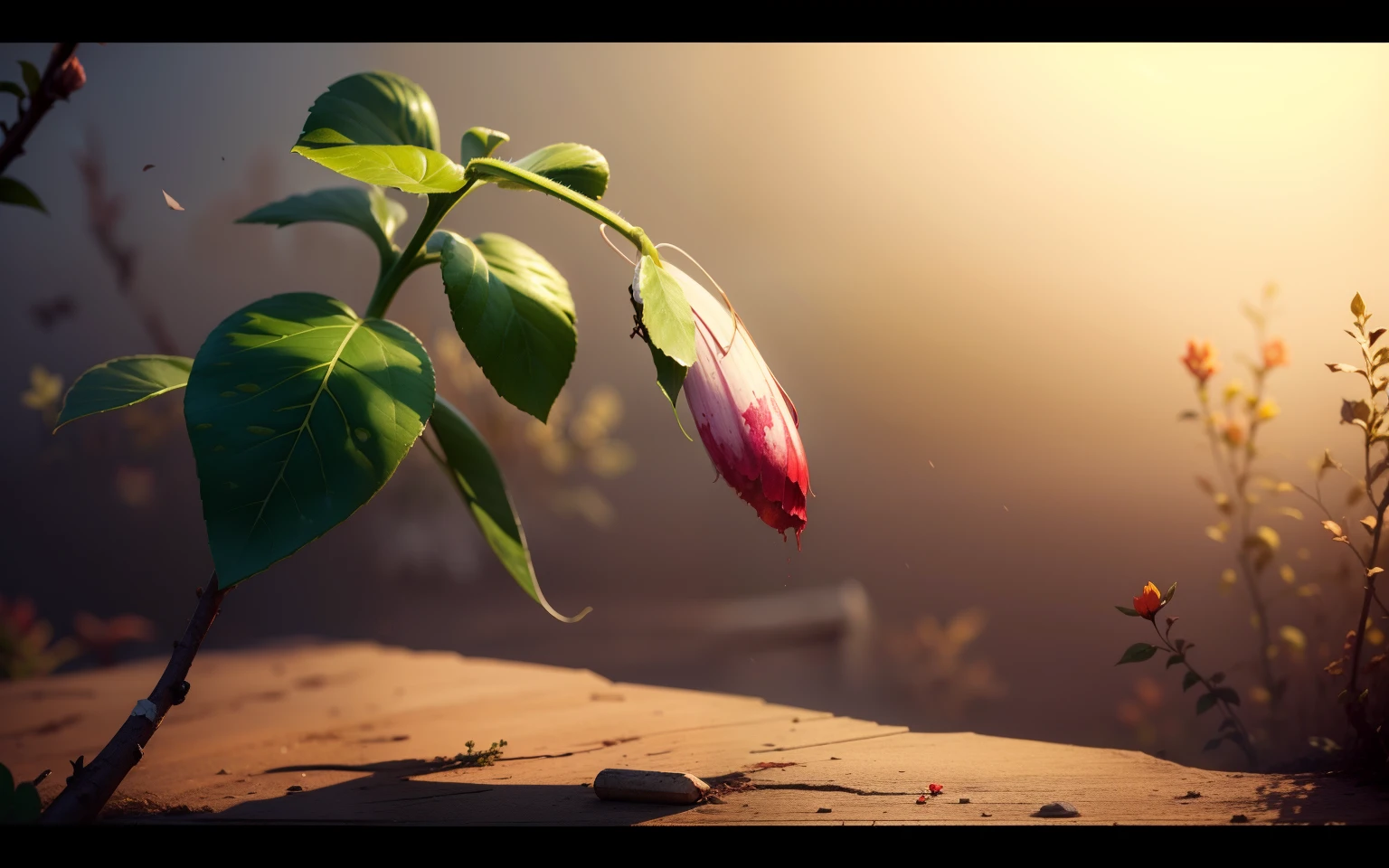 A wilted flower in a garden, drooping flower, nearly dying, withered, with red bud and green leaves