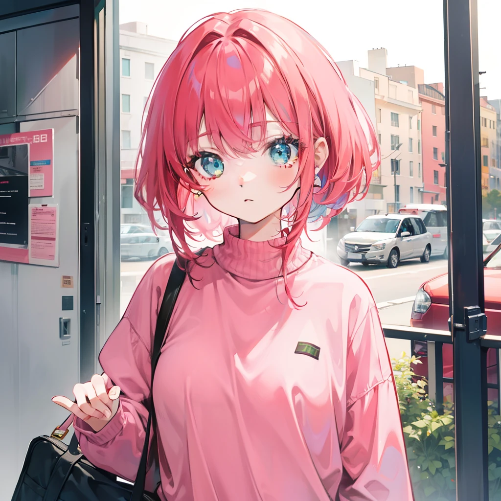 A reddish-pink hair,Green-blue mixed sweater color,Cute cute girl