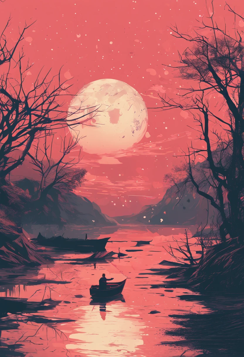 There is a full moon shining on the water, Jan Rustham（Jan Rustem）of realistic paintings, Tumblr, conceptual art, rinko kawauchi, flares anamorphic, tatsuro kiuchi, shot from cinematic, alexey egorov, makoto sinkai, sparks flying, Sparks and liquid fire, Alessio Albi