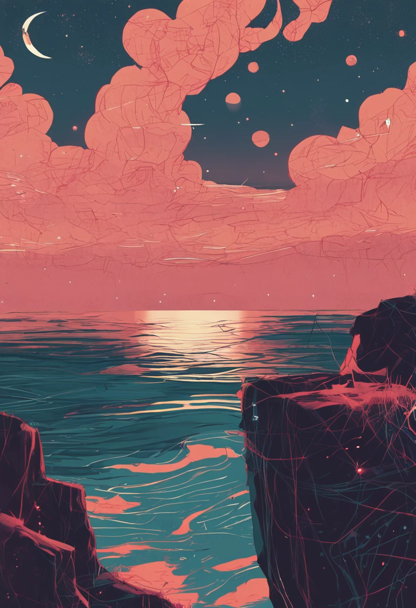 There is a full moon shining on the water, Jan Rustham(Jan Rustem)of realistic paintings, Tumblr, conceptual art, rinko kawauchi, flares anamorphic, tatsuro kiuchi, shot from cinematic, alexey egorov, makoto sinkai, sparks flying, Sparks and liquid fire, Alessio Albi