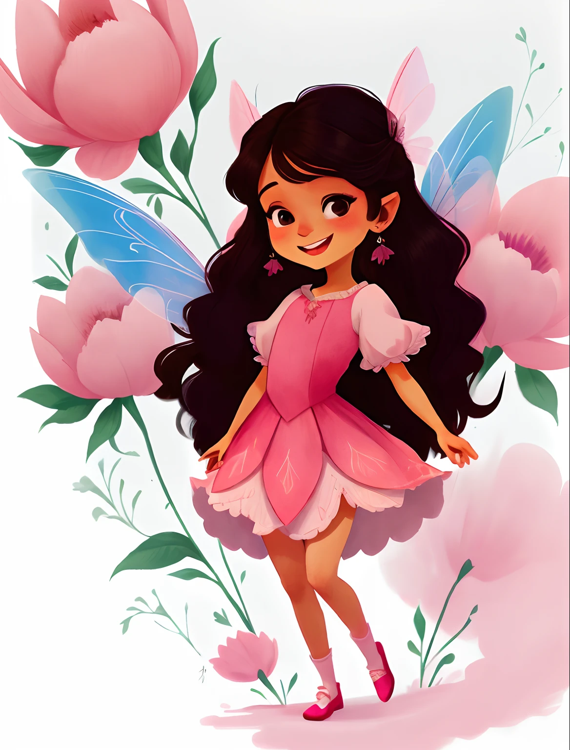 Fada dos desenhos animados cartoon com cabelo castanho longo e vestido rosa com branco, saltitando entre flores corpo inteiro, full-body drawing showing feet, usando sapatilha rosa delicada, multiples poses and expressions, com as maos na cintura maos em ultra qualidade e lindas, Symmetrical fairy wings, fada bonita, sorrindo como uma rainha de fadas, menina fada morena, Retrato da princesa da fada, Retrato de uma fada, princesa fada, bela arte digital, Retrato da fada, space flower fairy, painting digital adorable, arte digital detalhada bonito, fada bonita, Driving style: Marie Angel estilo desenho animado aquarelado, arte estilo aquarela 2D