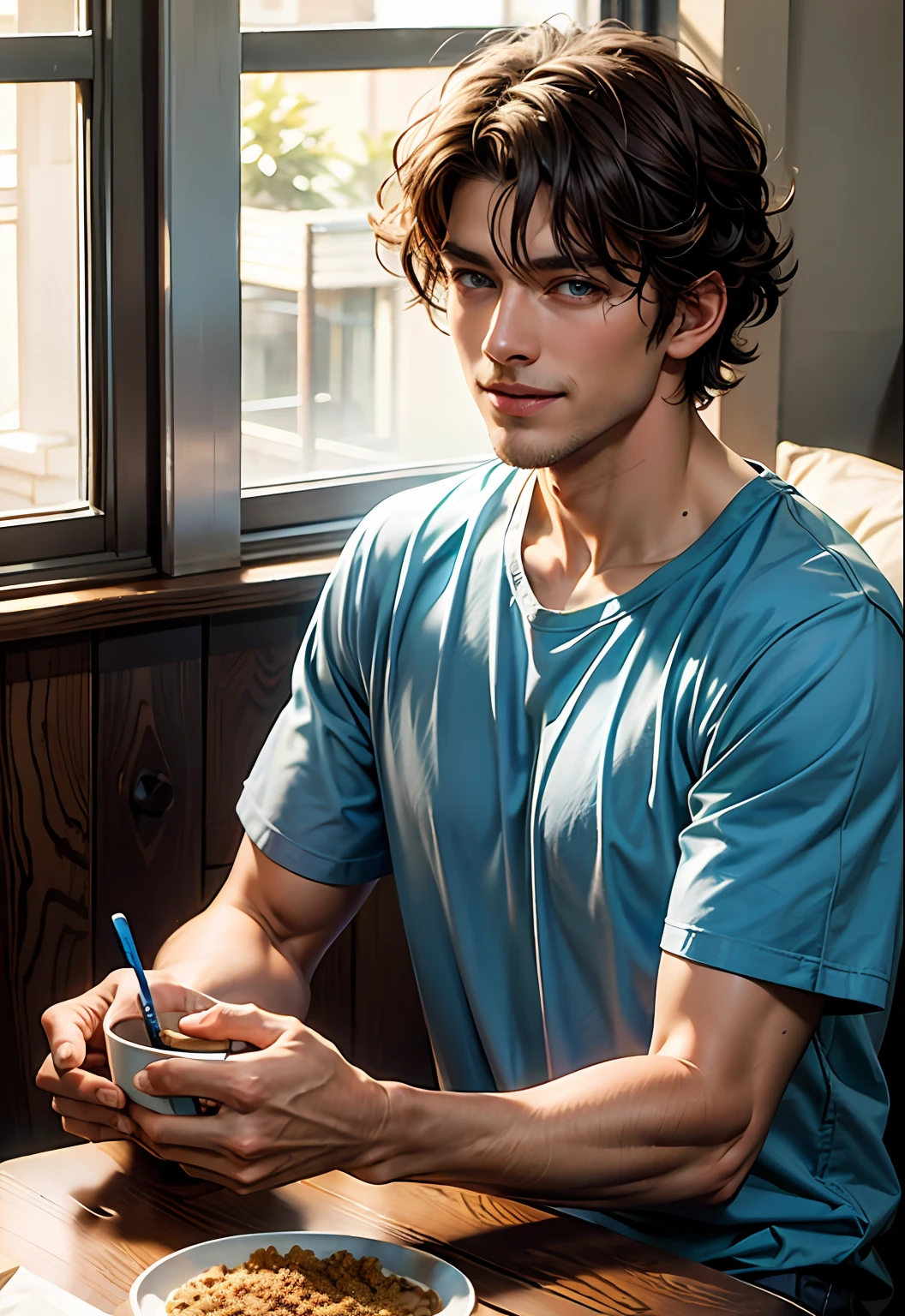 Top quality,movie atmosphere,cinematic details。Morning,the Sun Shining。At home。There are windows。A very handsome brunette man。eBlue eyes,A little curly,Wear a blue T-shirt,Eating cereal。Hefty Smile,Various expressions