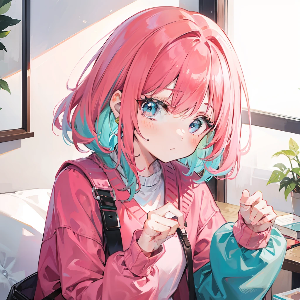 A reddish-pink hair,Green-blue mixed sweater color,Cute cute girl
