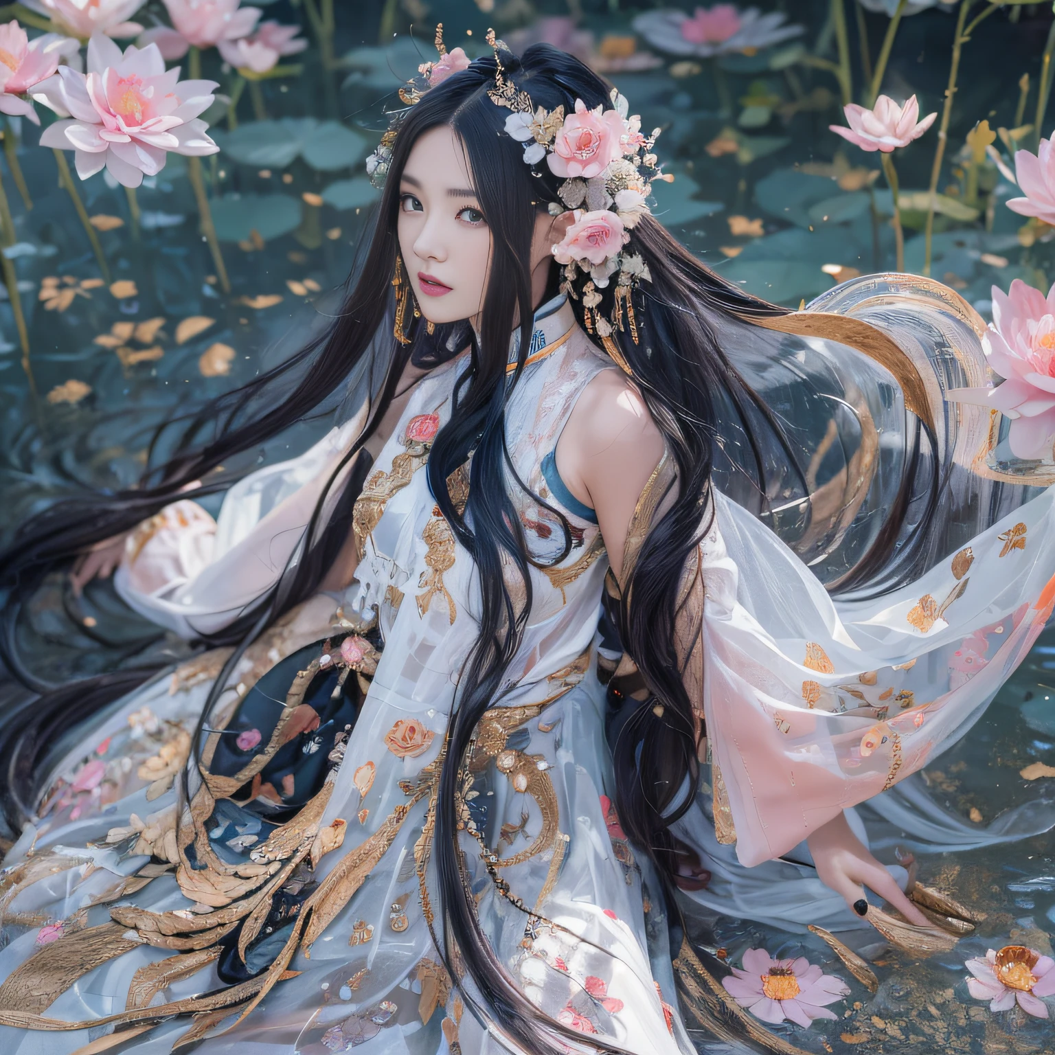 32K(tmasterpiece,k hd,hyper HD,32K)Long flowing black hair,ponds,zydink, a color, Xuzhou people (Sexy girl nipple), (Blue and white silk scarf), Combat posture, looking at the ground, long whitr hair, Floating hair, Carp pattern headdress, Chinese long-sleeved qibai cheongsam, (Abstract gouache splash:1.2), Pink petal background,Pink and white lotus flowers fly(realisticlying:1.4),Black color hair,Fallen leaves flutter,The background is pure, A high resolution, the detail, RAW photogr, Sharp Re, Nikon D850 Film Stock Photo by Jefferies Lee 4 Kodak Portra 400 Camera F1.6 shots, Rich colors, ultra-realistic vivid textures, Dramatic lighting, Unreal Engine Art Station Trend, cinestir 800,Long flowing black hair,see-through transparent clothes