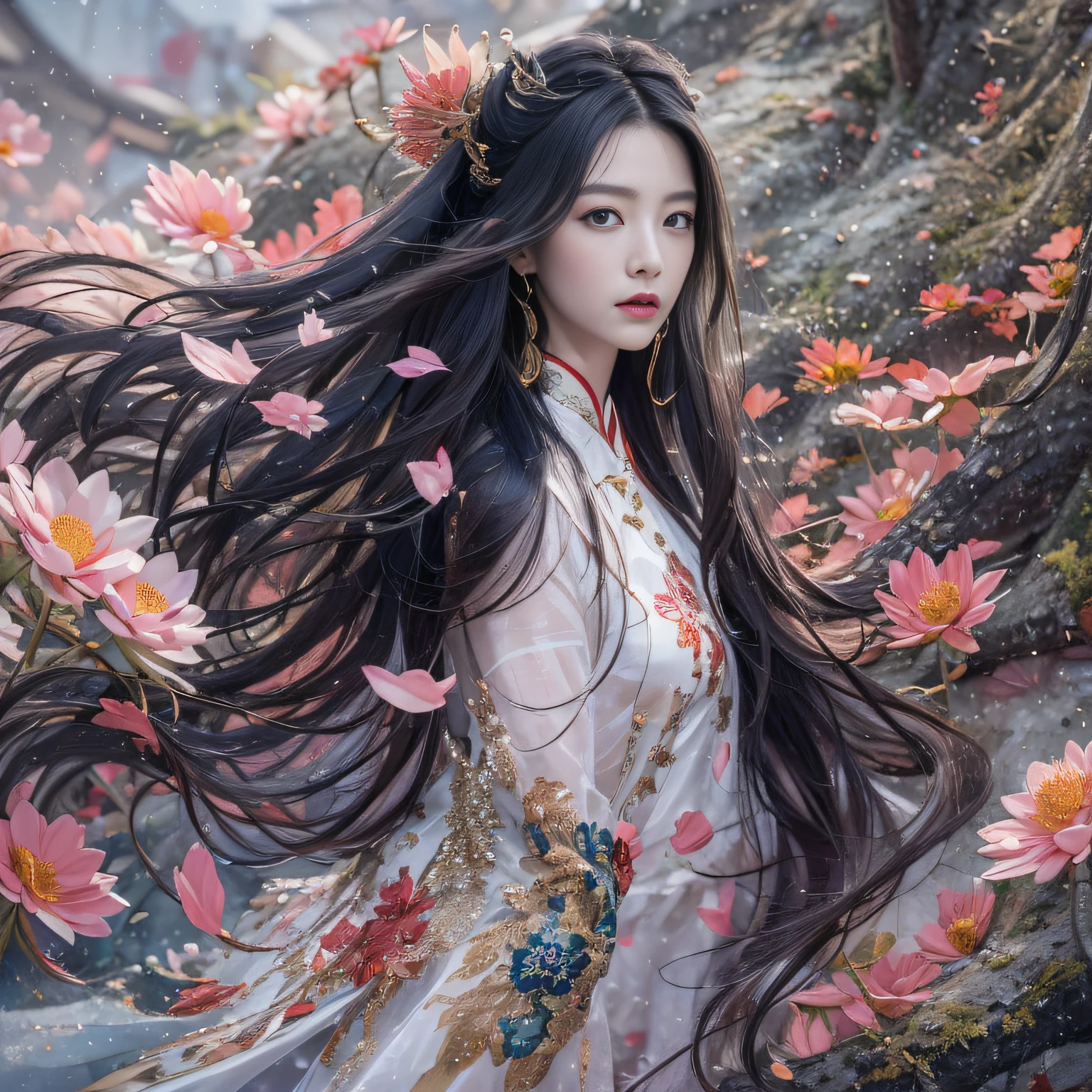 32K（tmasterpiece，k hd，hyper HD，32K）Long flowing black hair，ponds，zydink， a color，  Xuzhou people （Sexy girl nipple）， （Blue and white silk scarf）， Combat posture， looking at the ground， long whitr hair， Floating hair， Carp pattern headdress， Chinese long-sleeved qibai cheongsam， （Abstract gouache splash：1.2）， Pink petal background，Pink and white lotus flowers fly（realisticlying：1.4），Black color hair，Fallen leaves flutter，The background is pure， A high resolution， the detail， RAW photogr， Sharp Re， Nikon D850 Film Stock Photo by Jefferies Lee 4 Kodak Portra 400 Camera F1.6 shots, Rich colors, ultra-realistic vivid textures, Dramatic lighting, Unreal Engine Art Station Trend, cinestir 800，Long flowing black hair，see-through transparent clothes