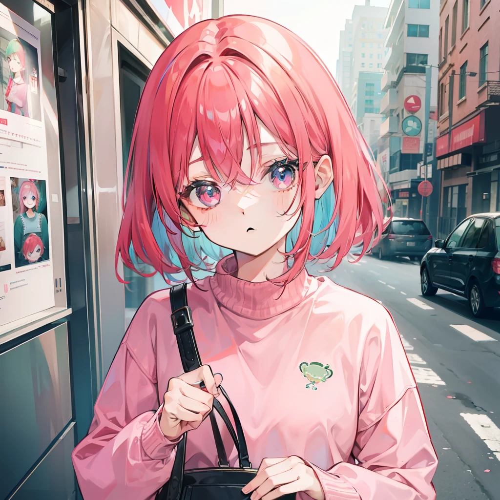 A reddish-pink hair,Green-blue mixed sweater color,Cute cute girl