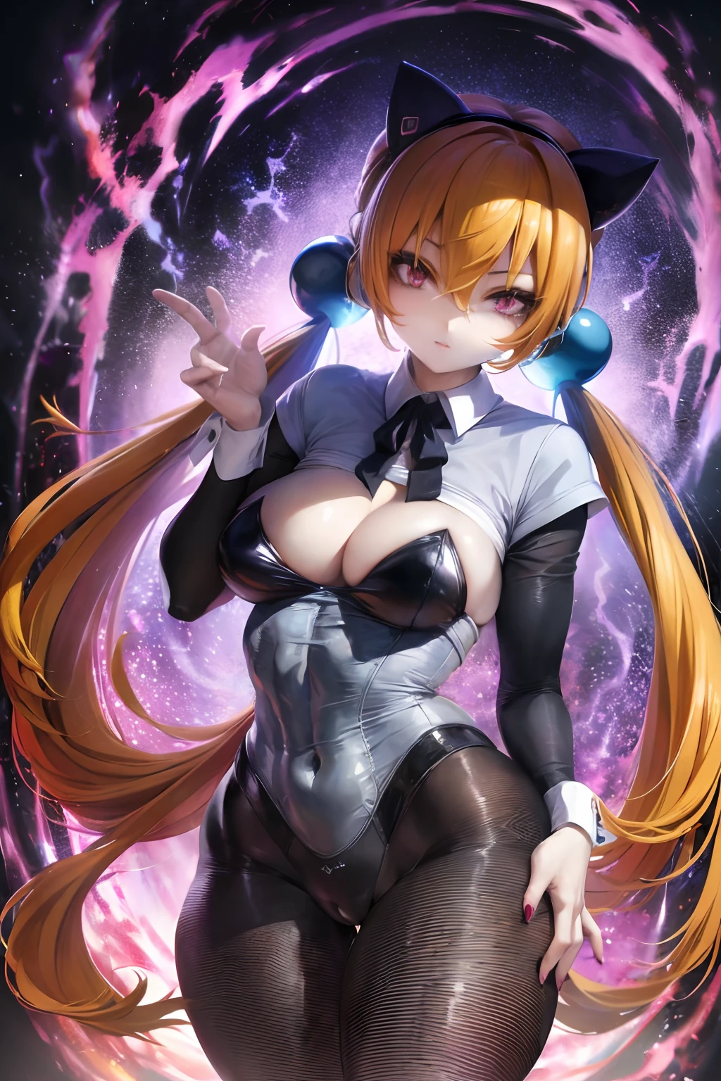 photorealistic, (hyperrealistic:1.2), beautiful, masterpiece, best quality, extremely detailed face, perfect lighting, full body, large breasts, wide hips, thick thighs, detailed eye makeup, detail face, nice detailed eyes, slanted eyes, heavy eye makeup, 1girl, long hair, (low) twin-tails, (beautiful clear Blue ball hair fastening), cute cheeky smile face, simple background, grey background, glossy orange hair, juicy thick thighs, full body, shiny skin, smooth skin, skinny body, (young:1.3), (flat chest:1), perfect anatomy, absurdly long hair, bangs, eyes visible through hair, twintails, brown hair, shiny hair, snowflakesdetailed cute anime face, no facial features, clear eyes, closed_mouth, flat chestbest quality, purple eyes, white skin, headband, extremely detailed CG unity 8k wallpaper, ultra detailed, extremely kawaii, LOOK AT THE VIEWER, sexy body suit , fantasy, micro bikini