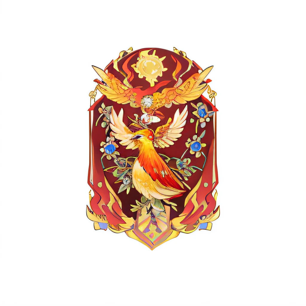 Close-up of bird on crown with flowers, marco the phoenix, emblem of wisdom, holy fire spell art, the solarpunk phoenix, royal bird, She has the head of a phoenix, Inspired by Luma Rouge, Siegel, offcial art, jellyfish pheonix, inspired by Tawaraya Sōtatsu, fire type, the fire king