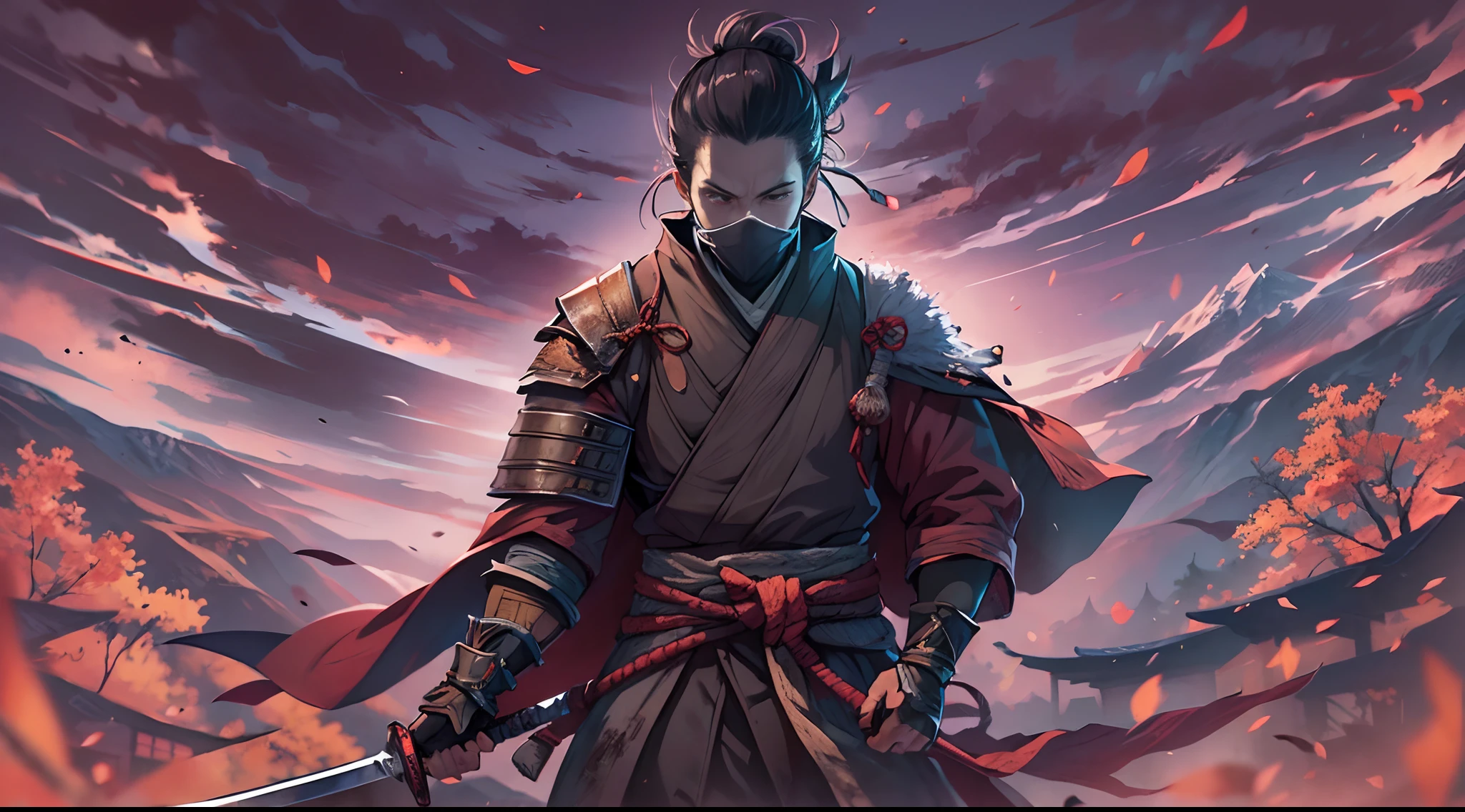 1man, solo, SEKIRO SHADOWS DIE TWICE, (illustration style), shinobi, light sword, amazing background