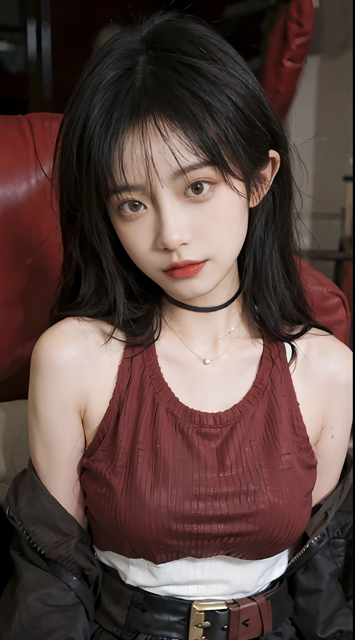 best qualtiy, 超高分辨率, (realisticlying:1.4),Baoyu Girl,lipsticks,1girll, ,Cropped red sweater,a sense of atmosphere,Beautiful woman with a slim figure:1.4, Abs:1.1, 浴室,Ultra-fine face,Leather clothes,Elaborate Eyes,二重まぶた,choker necklace