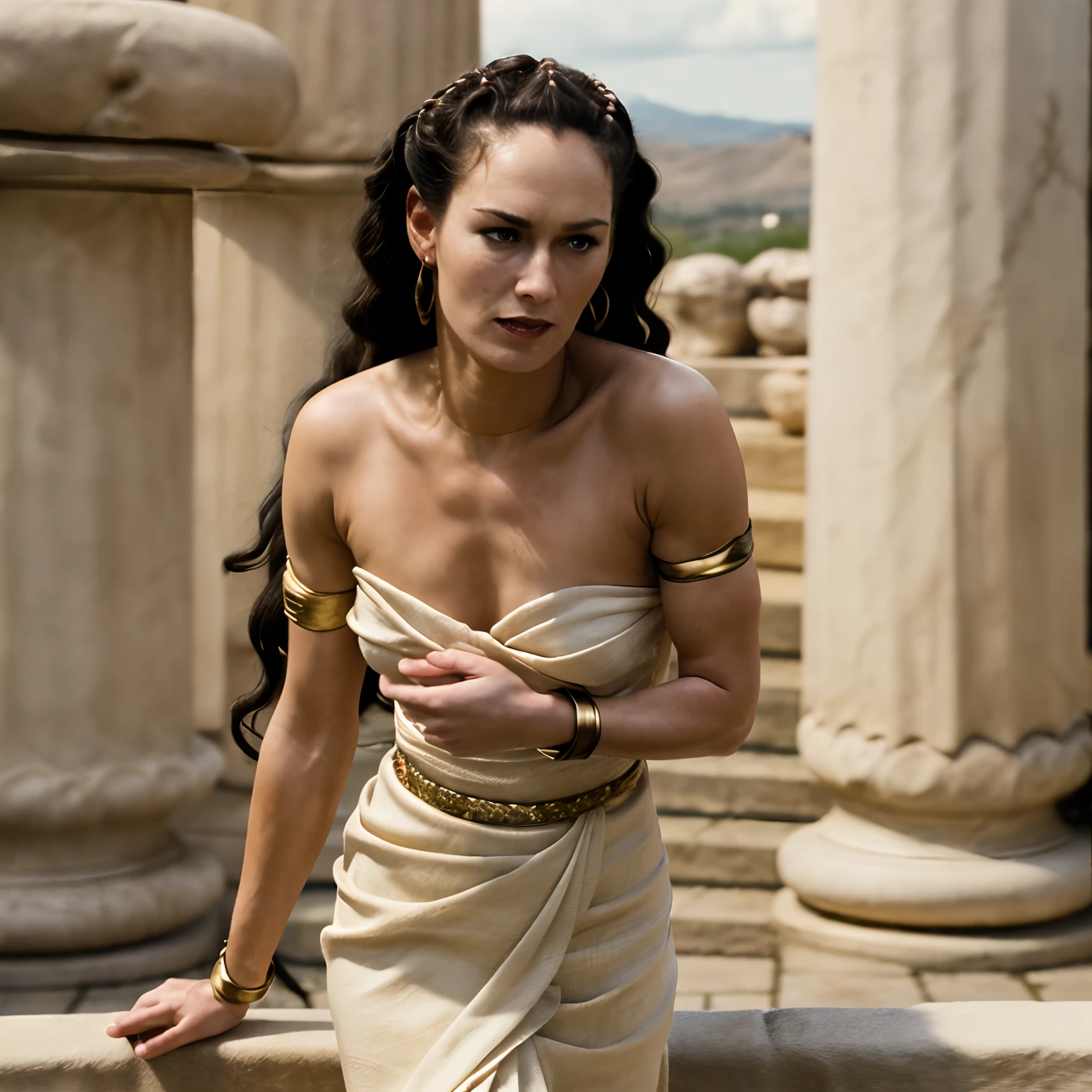 4k, high-res, masterpiece, best quality, finely detailed skin, sharp focus, (cinematic lighting), soft lighting, dynamic angle, 1girl, gorgo300-smf, solo, armlet, long hair, realistic, letterboxed, black hair, jewelry, bare shoulders, stairs, curtains, pillar, bracelet, huge breasts,