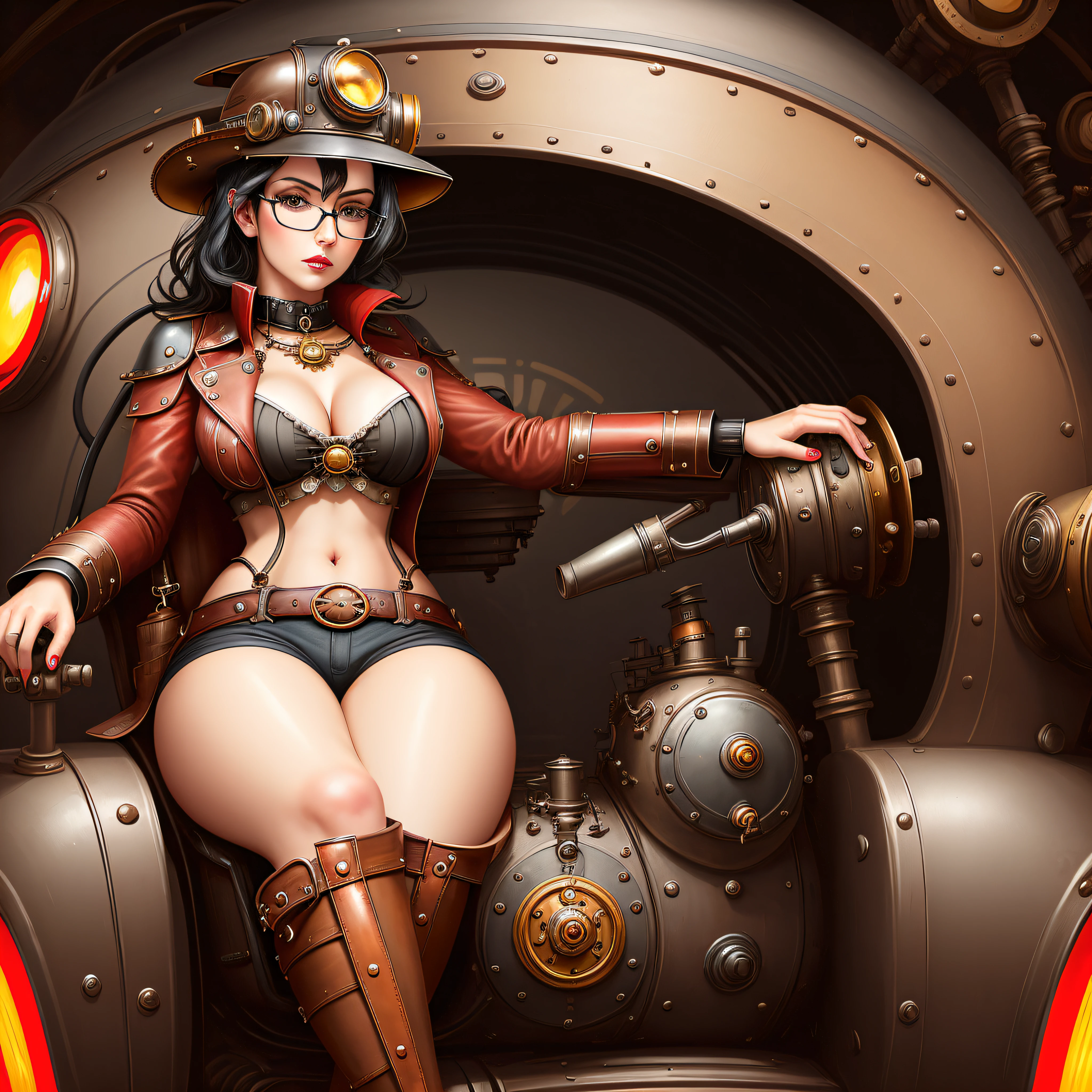 a woman sits in the steampunkai seat, helmet, black hair, red glasses, red open short pants, pin-up pose, y, dom erotic,