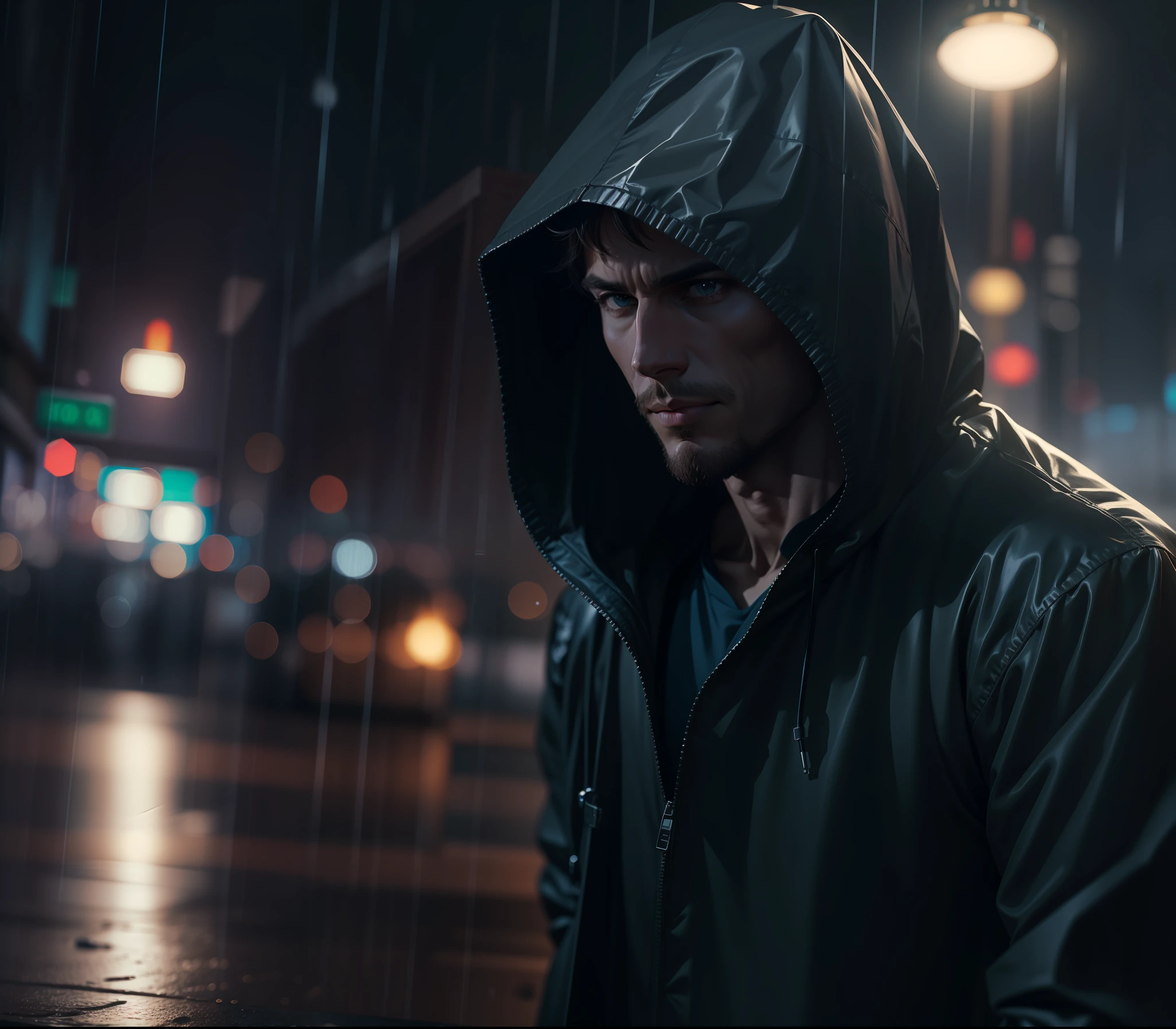 A handsome thief in a raincoat with a hood hides from law enforcement officers at night, Focused, Hiding, 30k, a handsome