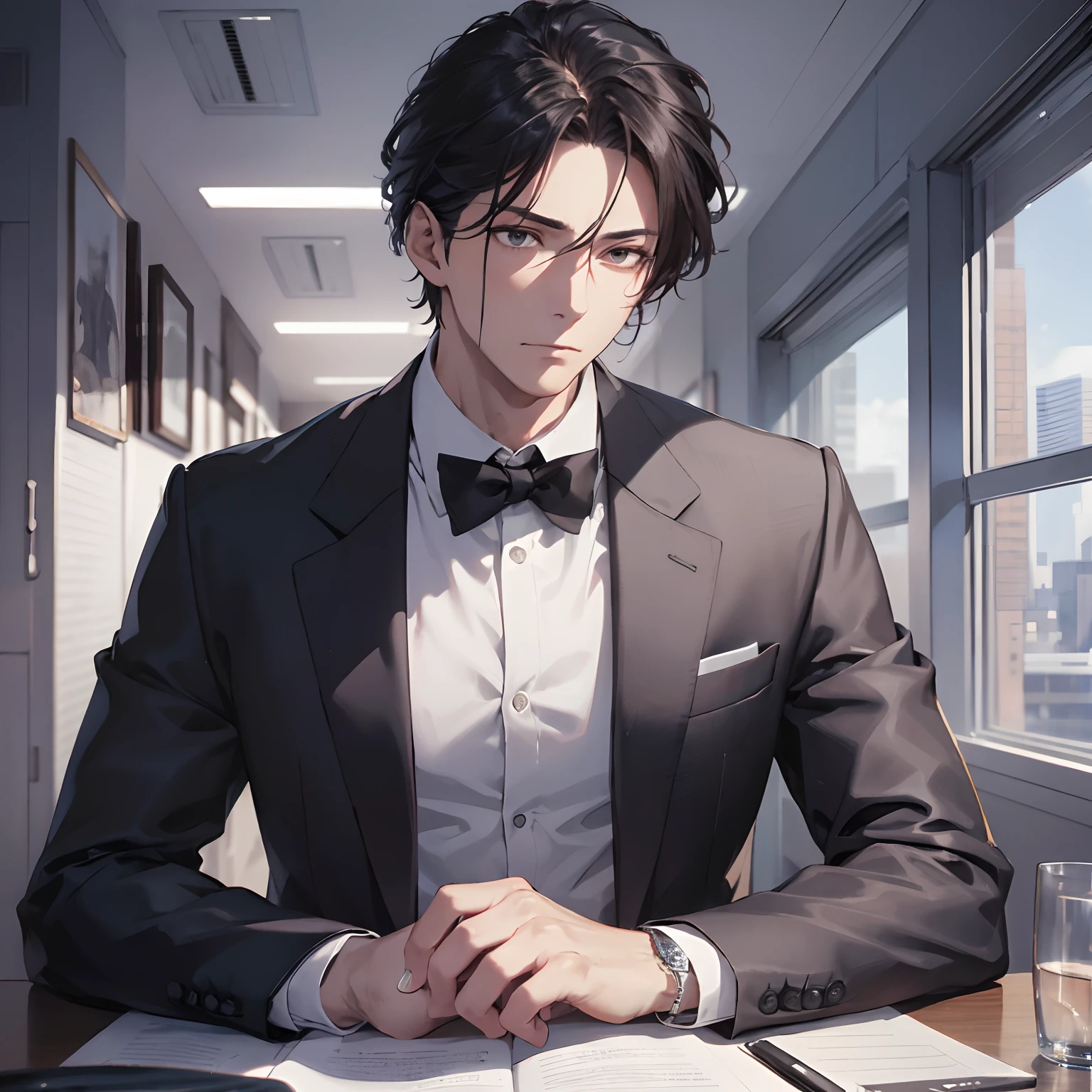 Absurd resolution, High resolution, (masutepiece: 1.4), Hyper-detailing, 1boy, Face Focus, mature man, Successful people, Black Suit, Jacket, White shirt, Luxury Meeting Room, Serious and cold expression, luxury car