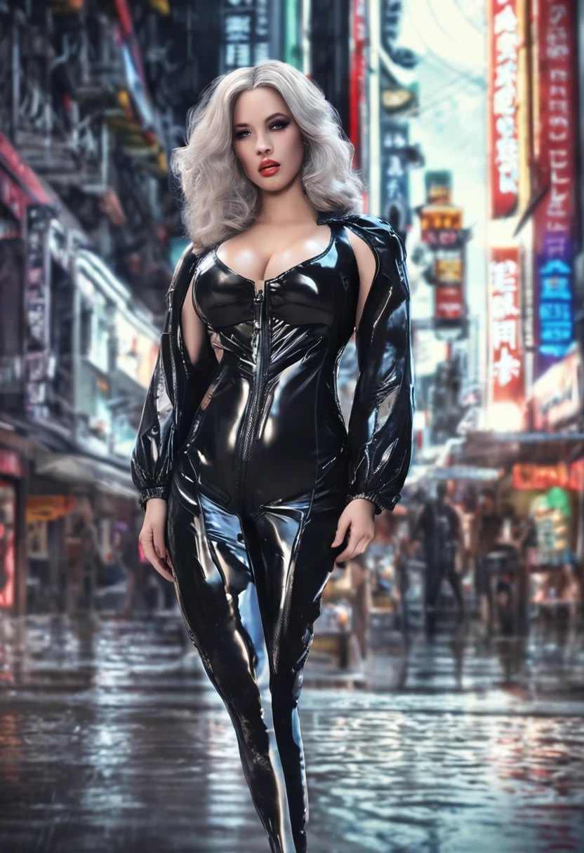 Japanese woman, 1girl, extremely tight black latex catsuit, extremely large oversized breasts, pool, extremely wet, very long hair, wet hair, best quality, best resolution, extremely realistic face, extremely realistic eyes, only one person