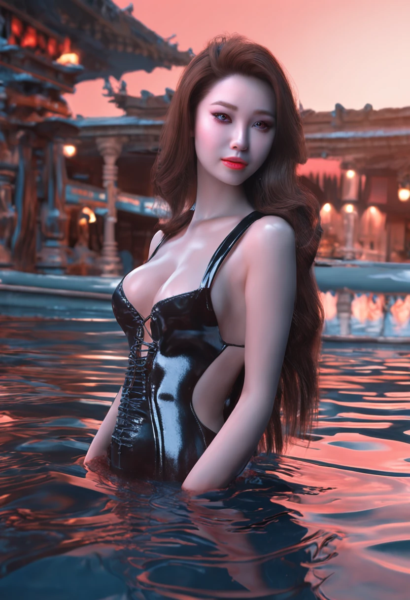 Japanese woman, 1girl, extremely tight black latex catsuit, extremely large oversized breasts, pool, extremely wet, very long hair, wet hair, best quality, best resolution, extremely realistic face, extremely realistic eyes, only one person