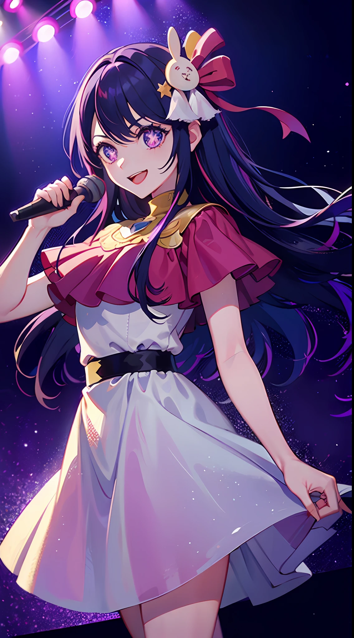 1Girl, Masterpiece, Best Quality, cowboy shots, Hoshino Ai, Long hair, purple color  hair, streaked hair ,Purple eyes, star-shaped pupils, Hair ornaments, idol clothes, Smiling, Holding the microphone