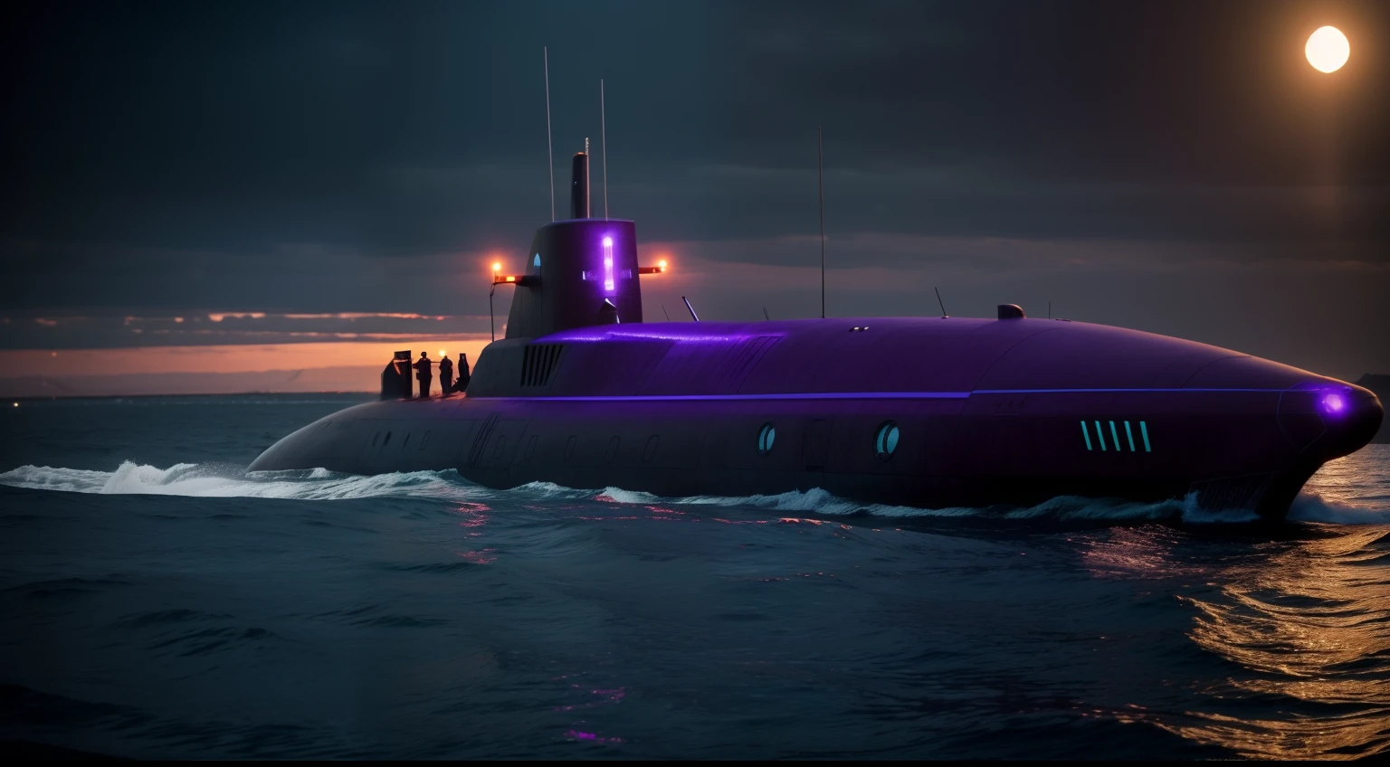 cinematic scene, sharpness, The submarine is dark purple in color, steampunc