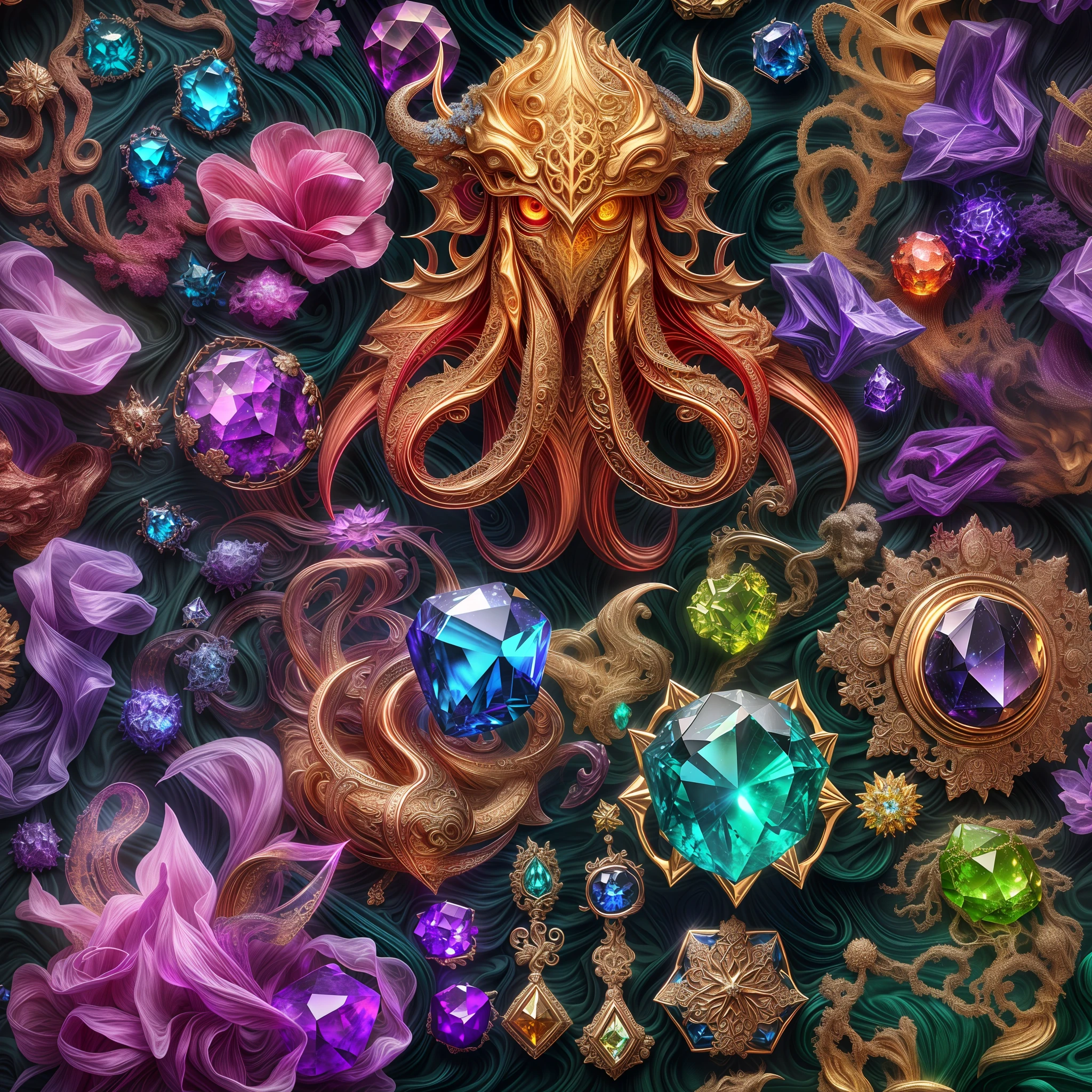 (Cthulhu mythological style: 1.2), (Full Focus: 2), (Everything in Display Cabinet: 1.3), (Magic Items | Colorful Gems | Cherry Blossoms | Printed Silk Products | Medals | Ores | Obsidian | Pearl | Emerald | White Jade | Amethyst | Sapphire | Gold Products | Silver Products | Purple Gold | Magical Jewelry | Antiques | Ruby | Orange Gem | Blue Gem | Topaz |: 2), Magic Symbols, Magic Particle Effects, High Tech Luxury, High Value Jewelry, High Value Metal, Luxury items, no puzzles, detailed and complex backgrounds, sparkling, reflective light, ultra high definition, award-winning, a high-resolution, high detail texture, contrast between light and dark, cinematic lighting, masterpieces, ray tracing, structurally correct, super details, high-quality, high detail, best quality, 16k