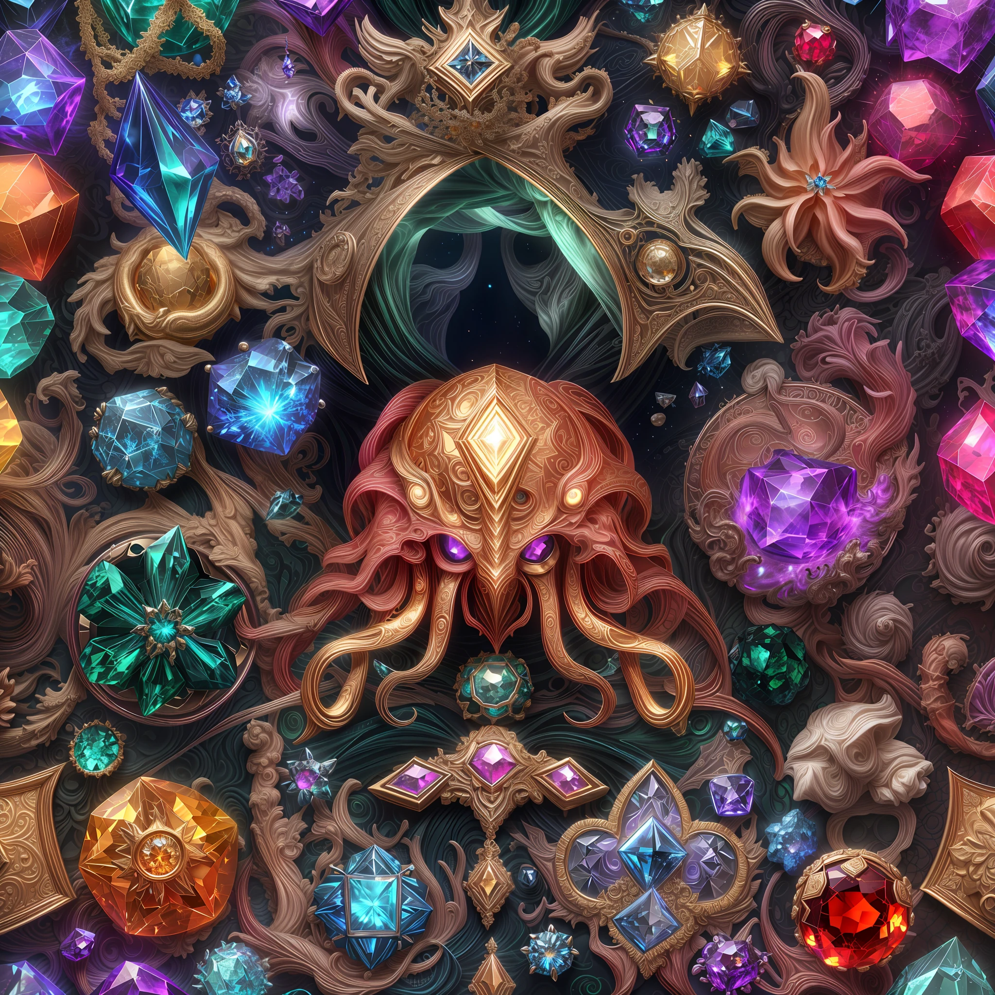(Cthulhu mythological style: 1.2), (Full Focus: 2), (Everything in Display Cabinet: 1.3), (Magic Items | Colorful Gems | Cherry Blossoms | Printed Silk Products | Medals | Ores | Obsidian | Pearl | Emerald | White Jade | Amethyst | Sapphire | Gold Products | Silver Products | Purple Gold | Magical Jewelry | Antiques | Ruby | Orange Gem | Blue Gem | Topaz |: 2), Magic Symbols, Magic Particle Effects, High Tech Luxury, High Value Jewelry, High Value Metal, Luxury items, no puzzles, detailed and complex backgrounds, sparkling, reflective light, ultra high definition, award-winning, a high-resolution, high detail texture, contrast between light and dark, cinematic lighting, masterpieces, ray tracing, structurally correct, super details, high-quality, high detail, best quality, 16k