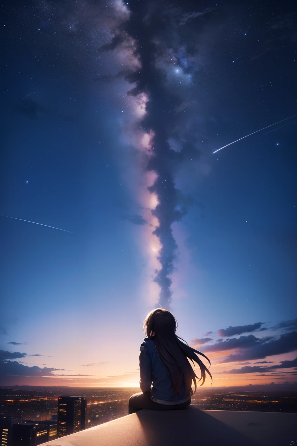octane, sky, star (sky), landscape, starry sky, night, only child, night sky, solo, outdoor, signature, building, clouds, milky way, sitting, tree, long hair, city, silhouette, cityscape