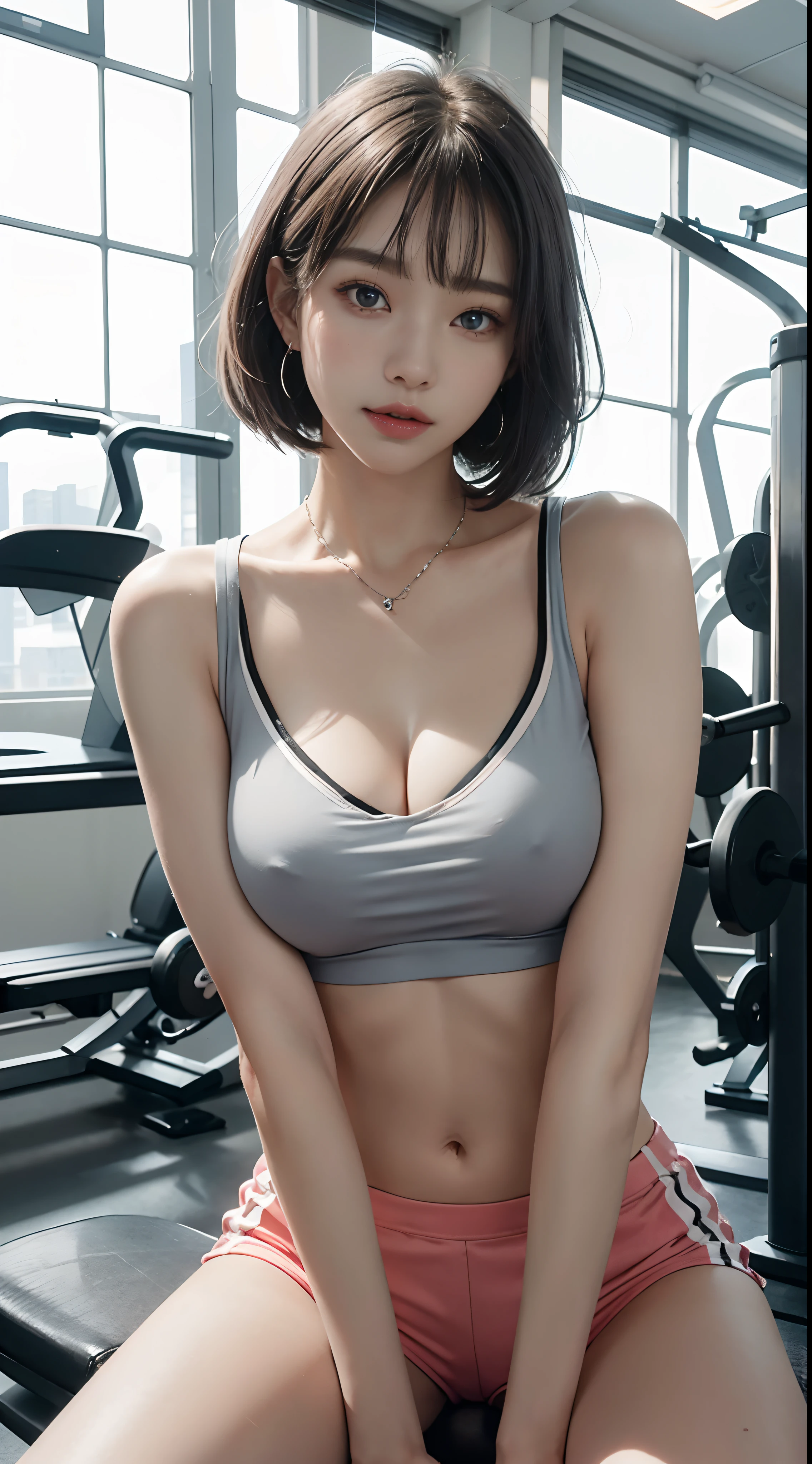 The highest image quality, Raw-Photo, The ultra-Highres, gentle smiling, 16 year old Korean, , cleavage, Fair skin, shiny white skin, Short bob, Light silver hair, Neatly matching bangs, Cropped T-shirt, sportwear, running shorts, beautidful eyes, Beautiful eyes in random colors, Very thin lips, Beautiful eyes with details, Elongated eyes, pale pink cheeks, long eyeslashes, beautiful double eyelids, eyeshadows, beautiful thin legs, beautiful belly button, beautiful abs, Beautiful ribs, Earrings, necklaces, Training room, gym, Sitting, Spread your legs a lot