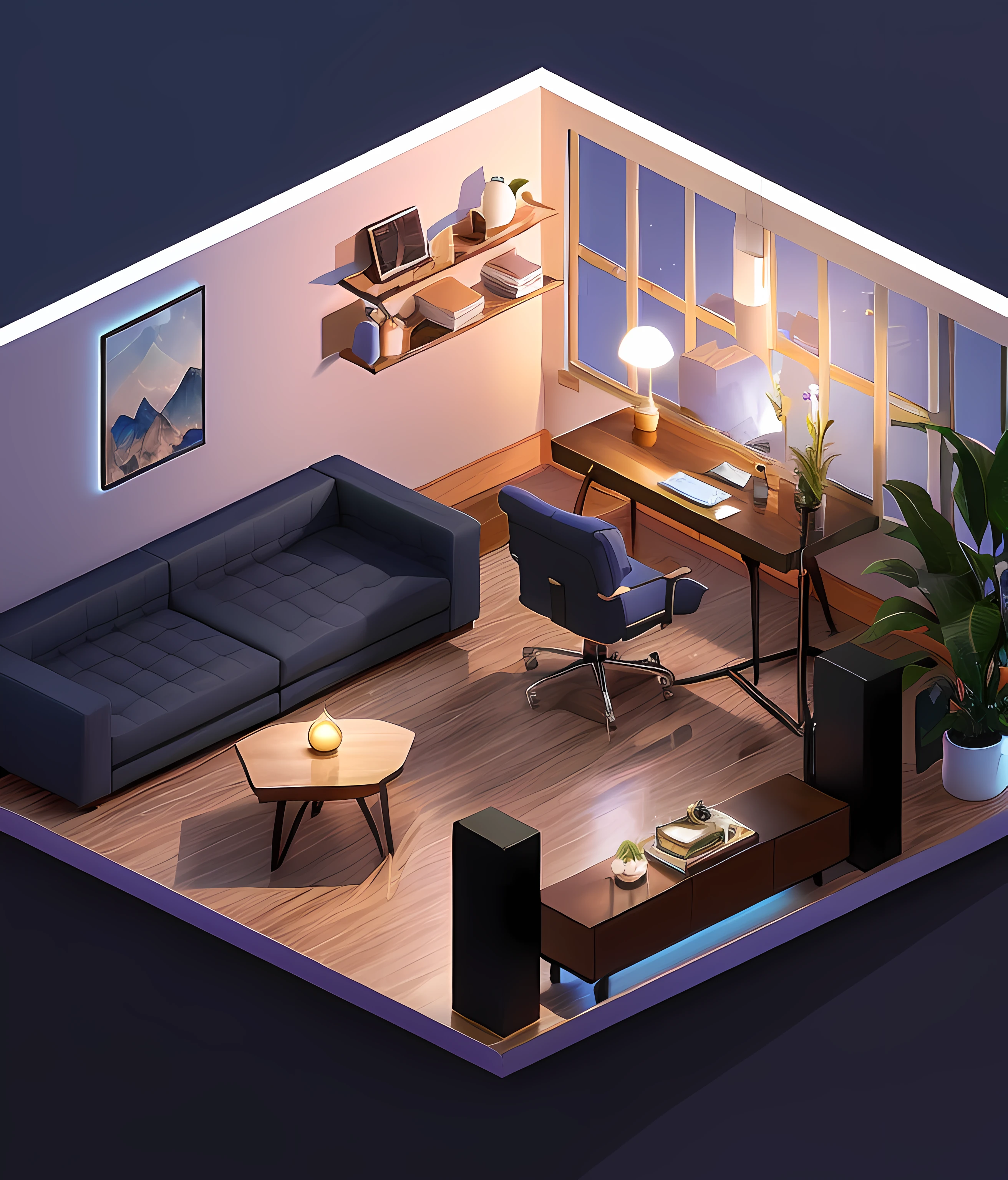 arafed view of a living room with a couch, table, and a chair, isometric 8k, isometric style, detailed 2d illustration, cozy home background, isometric 3d render, personal room background, stylized 3d render, incredible isometric screenshot, isometric design, isometric illustration, detailed ambient lighting, isometric art