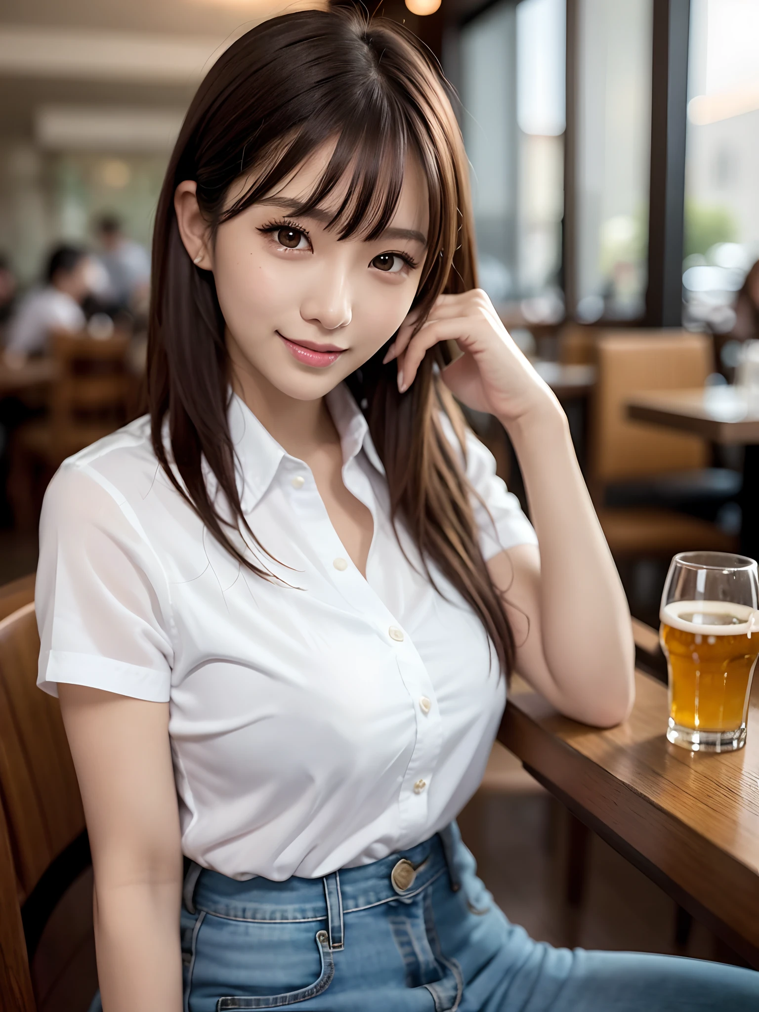 product quality, a cowboy shot, front view, 1girl, a Japanese young pretty woman, wearing a marriage ring, long bob hair, hyper pretty face, glamorous, wearing a short sleeves and long length satin silk white shirt with collared, wearing denim pants, sitting on chair in front of a table in a common restaurant, beers and dinner on the table, with a big smile in a city, glossy lips, double eyelids for both eyes, natural makeup, long eyelashes, shiny smooth light brown hair of bob hair, asymmetrical bangs, tanned skin, central image, high resolution, high detail, detailed hairstyle, detailed face, spectacular movie lighting, octane rendering, hyper realistic, perfect limbs, perfect anatomy