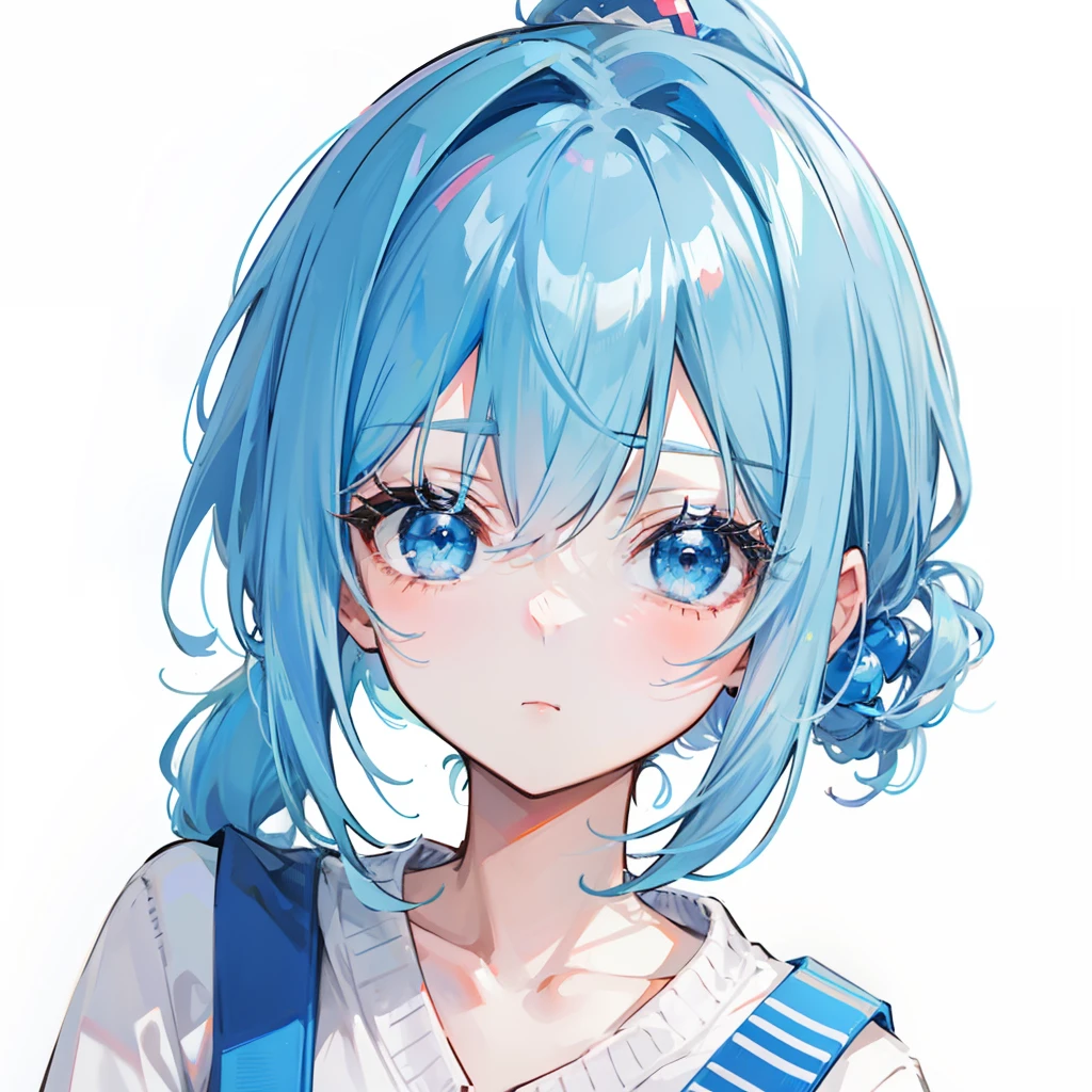 A head of powder blue hair，Short double ponytail，White collar，Colorful sweaters，Is a cute loli